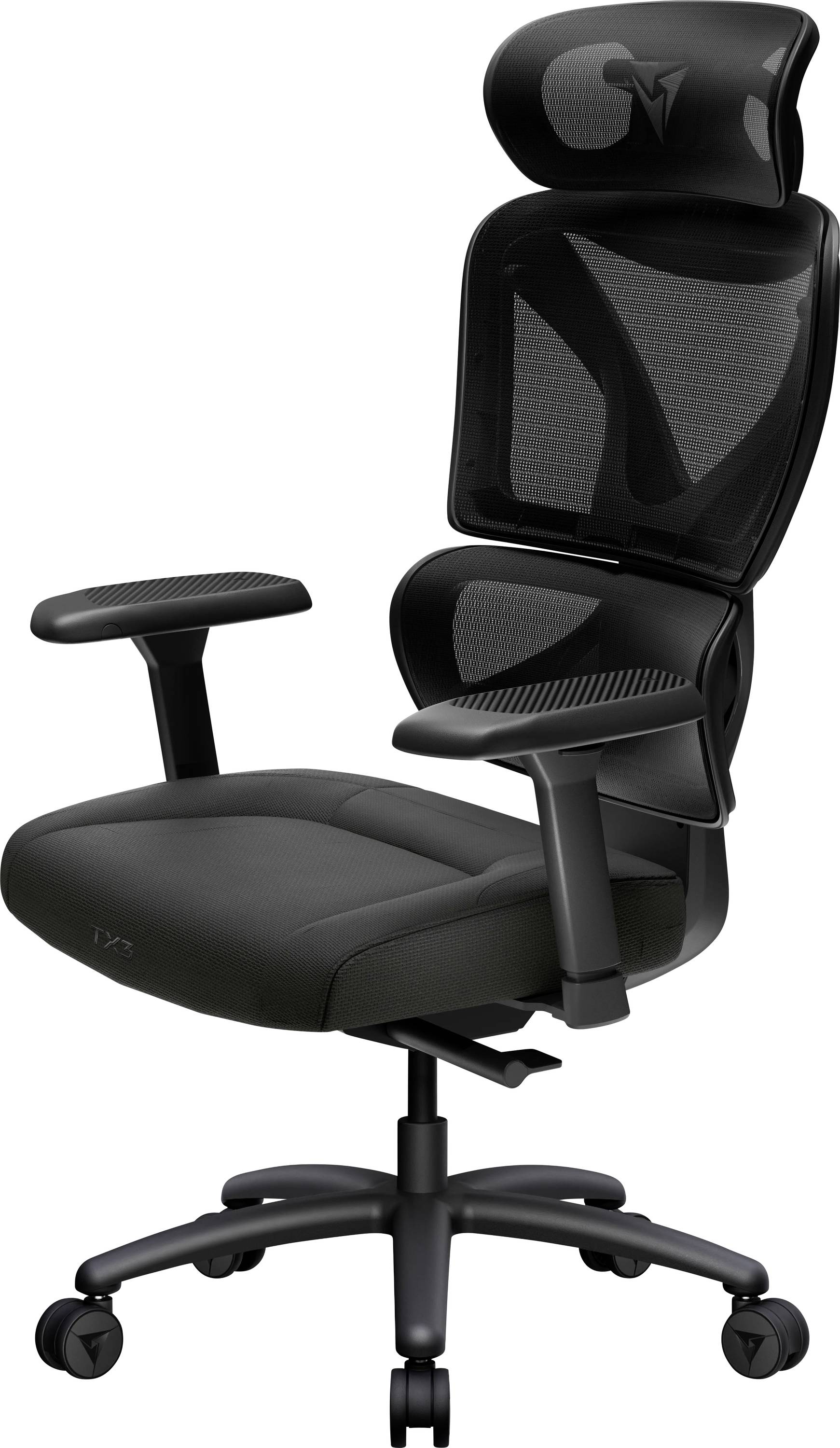 Schwarzer ergonomischer Bürostuhl mit Netzrückenlehne, Kopfstütze, Armlehnen, gepolstertem Sitz und Fünf-Rollen-Basis auf weißem Hintergrund.