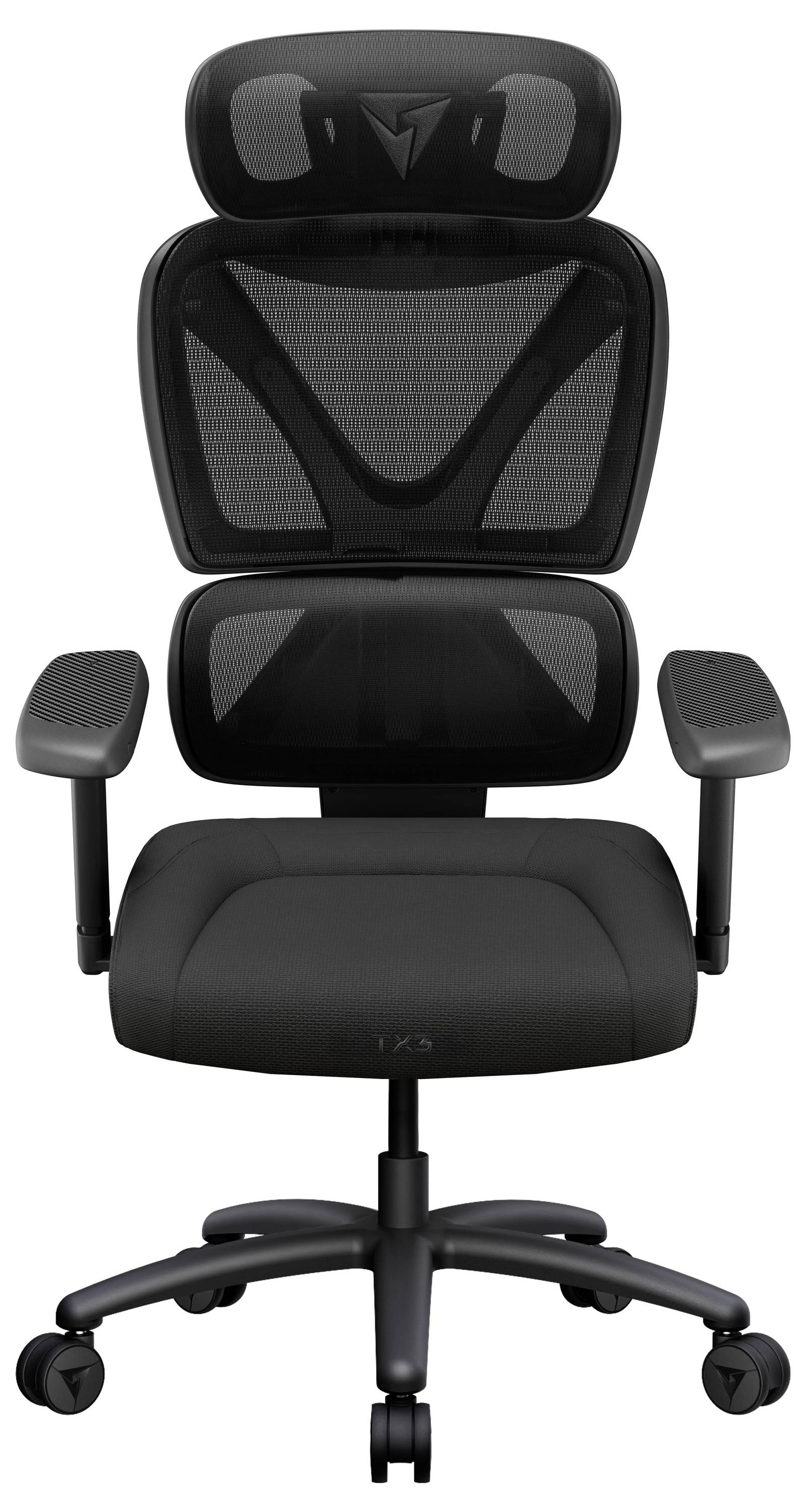 Schwarzer ergonomischer Bürostuhl mit Kopfstütze, Netzrückenlehne, gepolstertem Sitz, verstellbaren Armlehnen und Rollensockel auf weißem Hintergrund