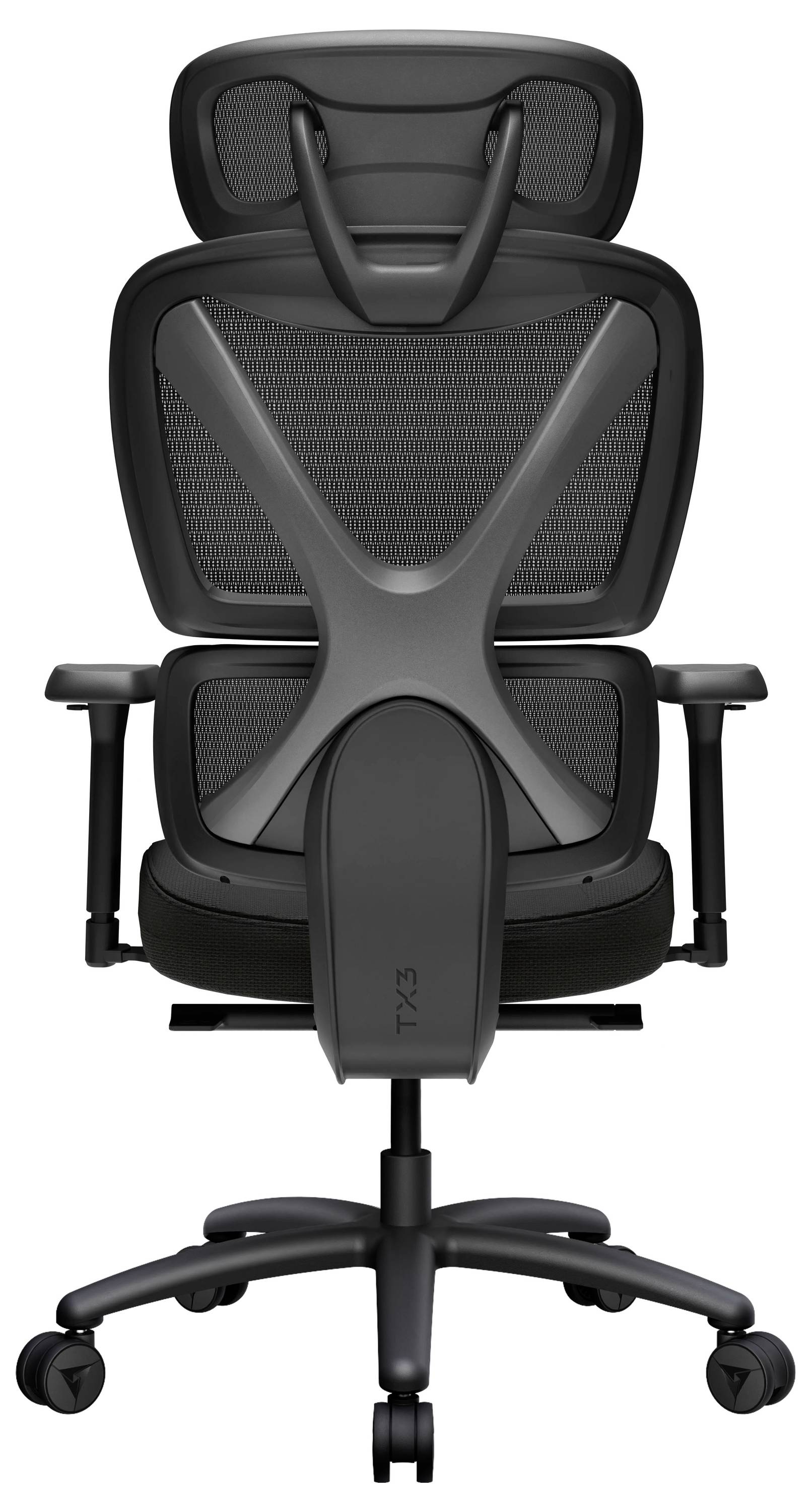 Schwarzer ergonomischer Bürostuhl von hinten gezeigt, mit Netzrückenlehne, Kopfstütze, Armlehnen, Lendenwirbelstütze und fünfrädrigem Standfuß.