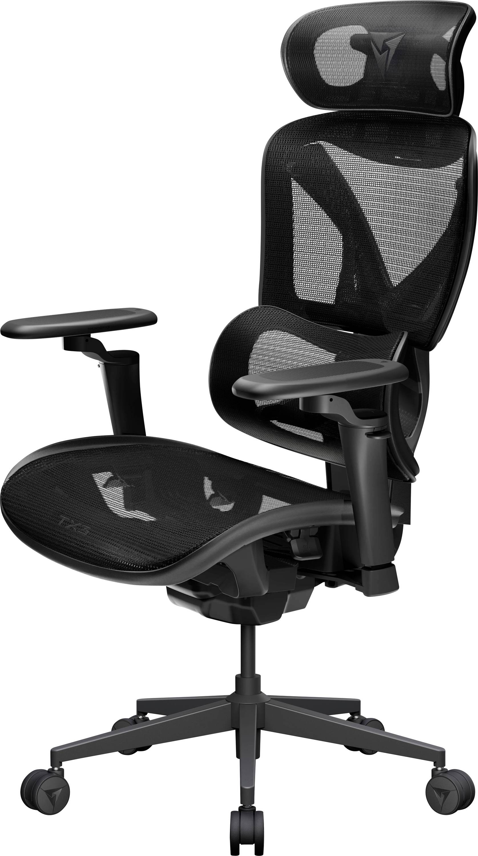 Schwarzer ergonomischer Bürostuhl mit Netzrückenlehne, Kopfstütze, verstellbaren Armlehnen, fünfrolliger Basis und neigbarem Sitz.