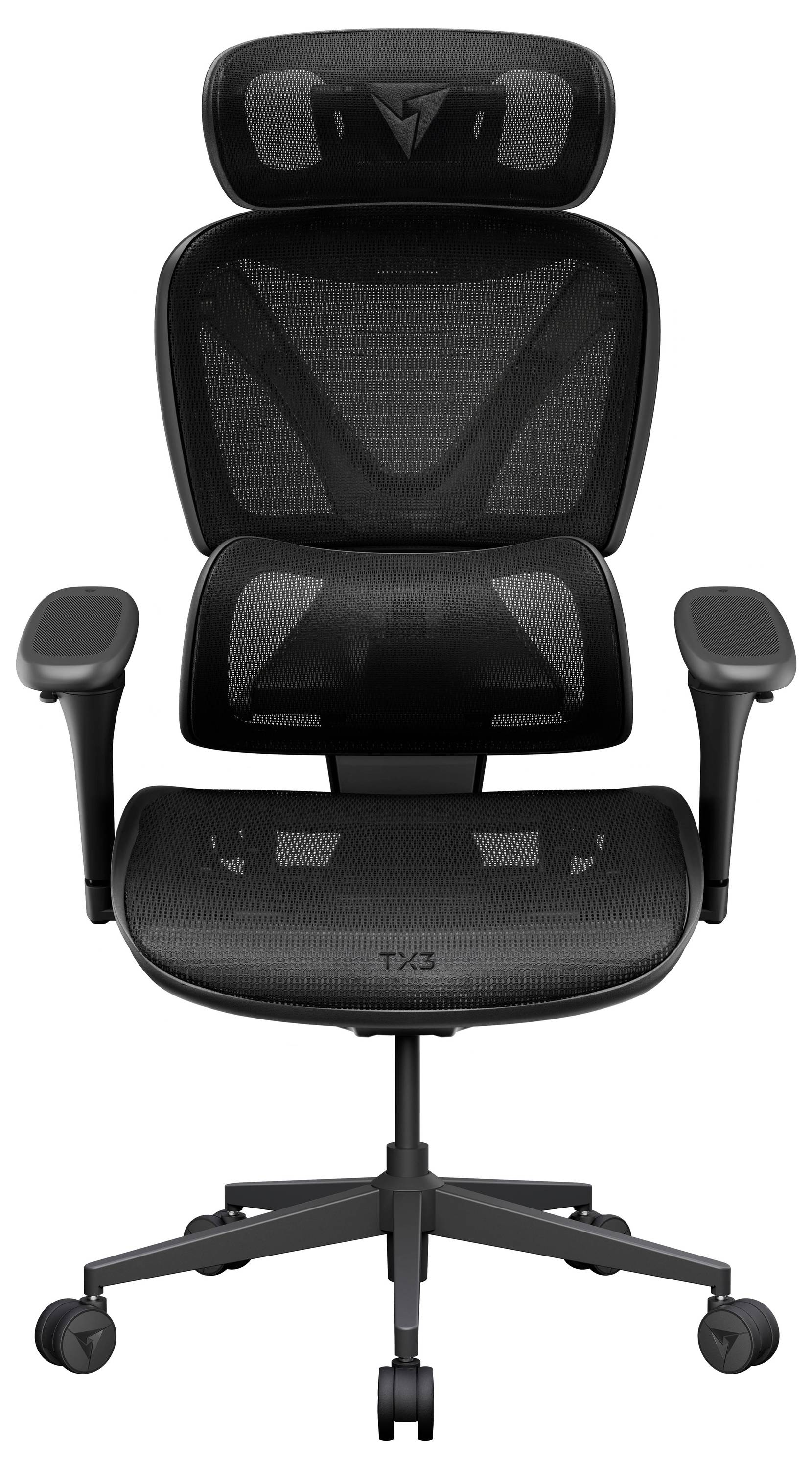 Schwarzer ergonomischer Bürostuhl mit Kopfstütze, Netzrückenlehne, verstellbaren Armlehnen, Lendenwirbelstütze und fünfrädrigem Sockel auf weißem Hintergrund