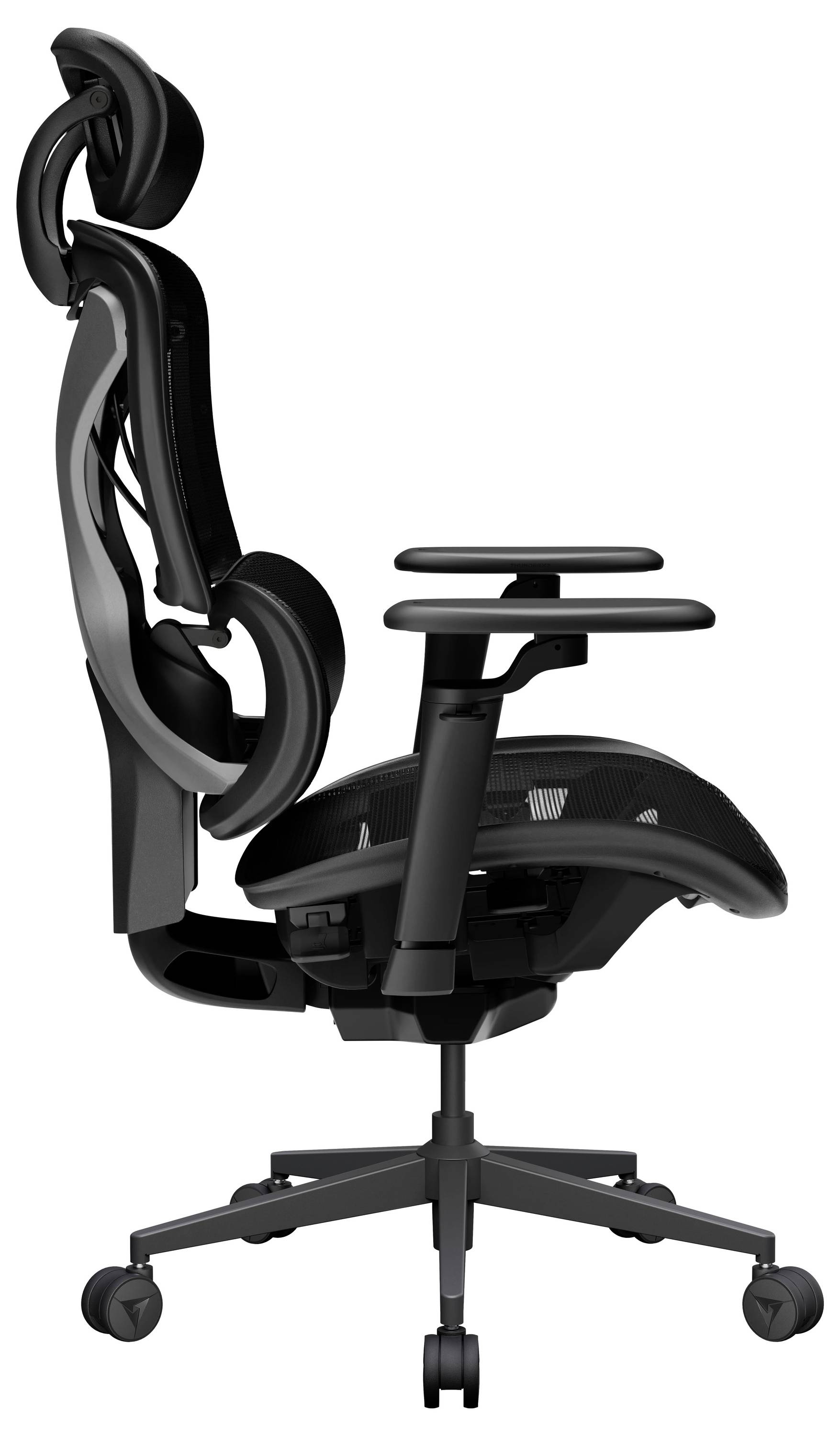 Schwarzer ergonomischer Bürostuhl mit Kopfstütze, verstellbaren Armlehnen und fünfrolliger Drehbasis auf weißem Hintergrund.