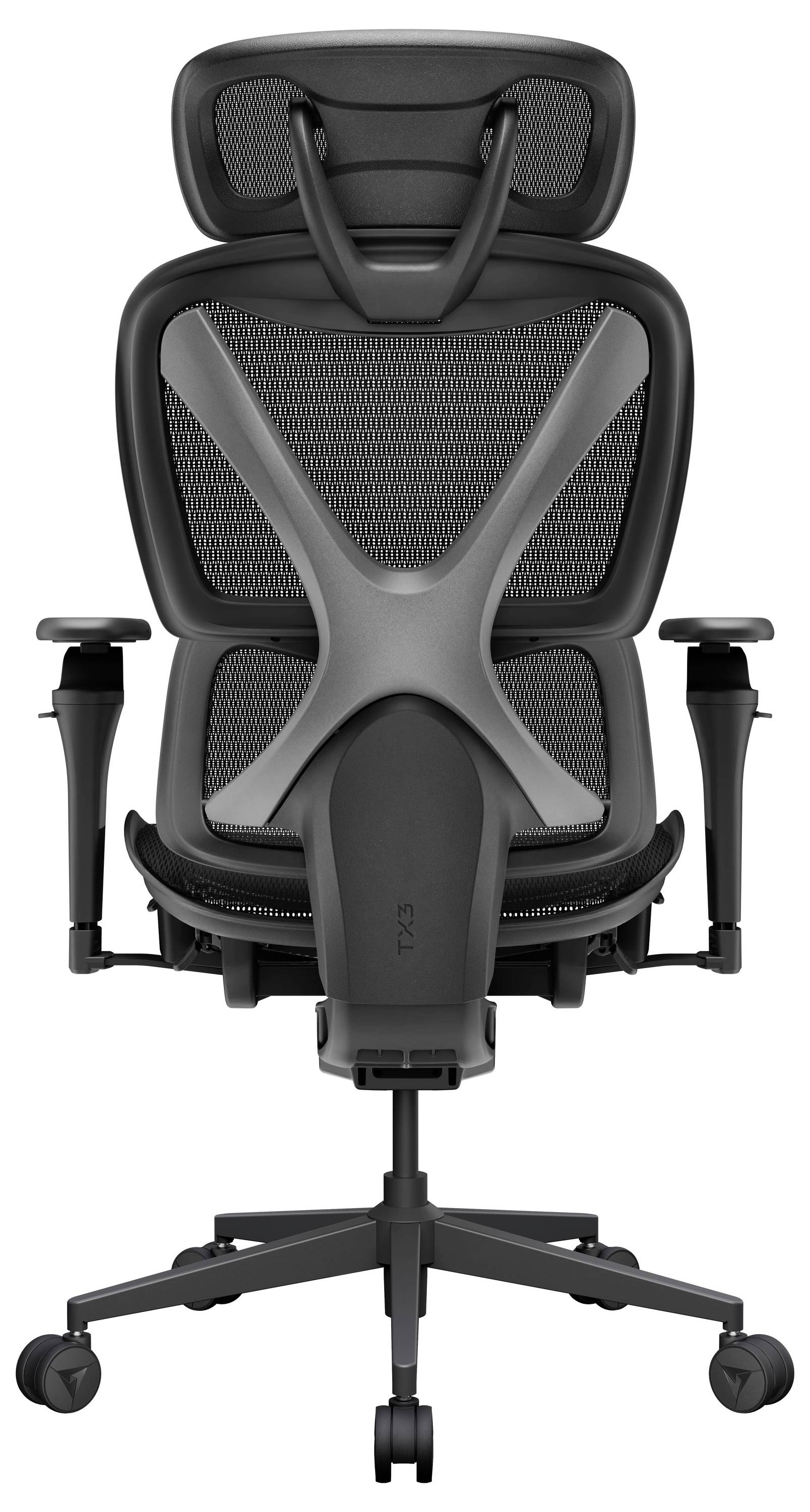 Vorderansicht eines schwarzen ergonomischen Bürostuhls mit Kopfstütze, Netzrücken, verstellbaren Armlehnen und fünfrädrigem Fuß.