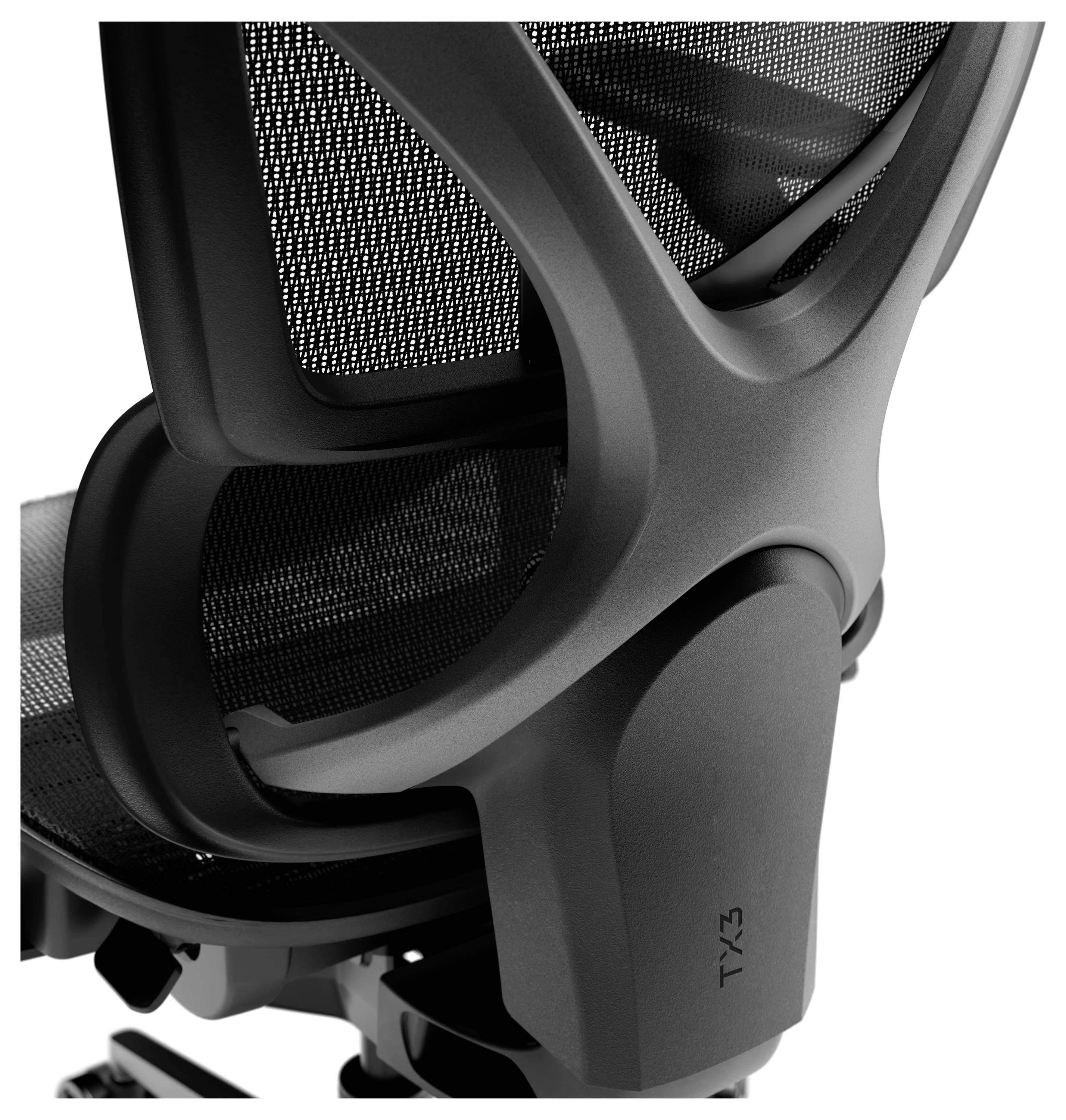 Nahaufnahme der Rückenlehne eines schwarzen ergonomischen Bürostuhls mit Mesh-Unterstützung und geformtem Rahmen, auf dem das Etikett TY-3 auf weißem Hintergrund zu sehen ist.