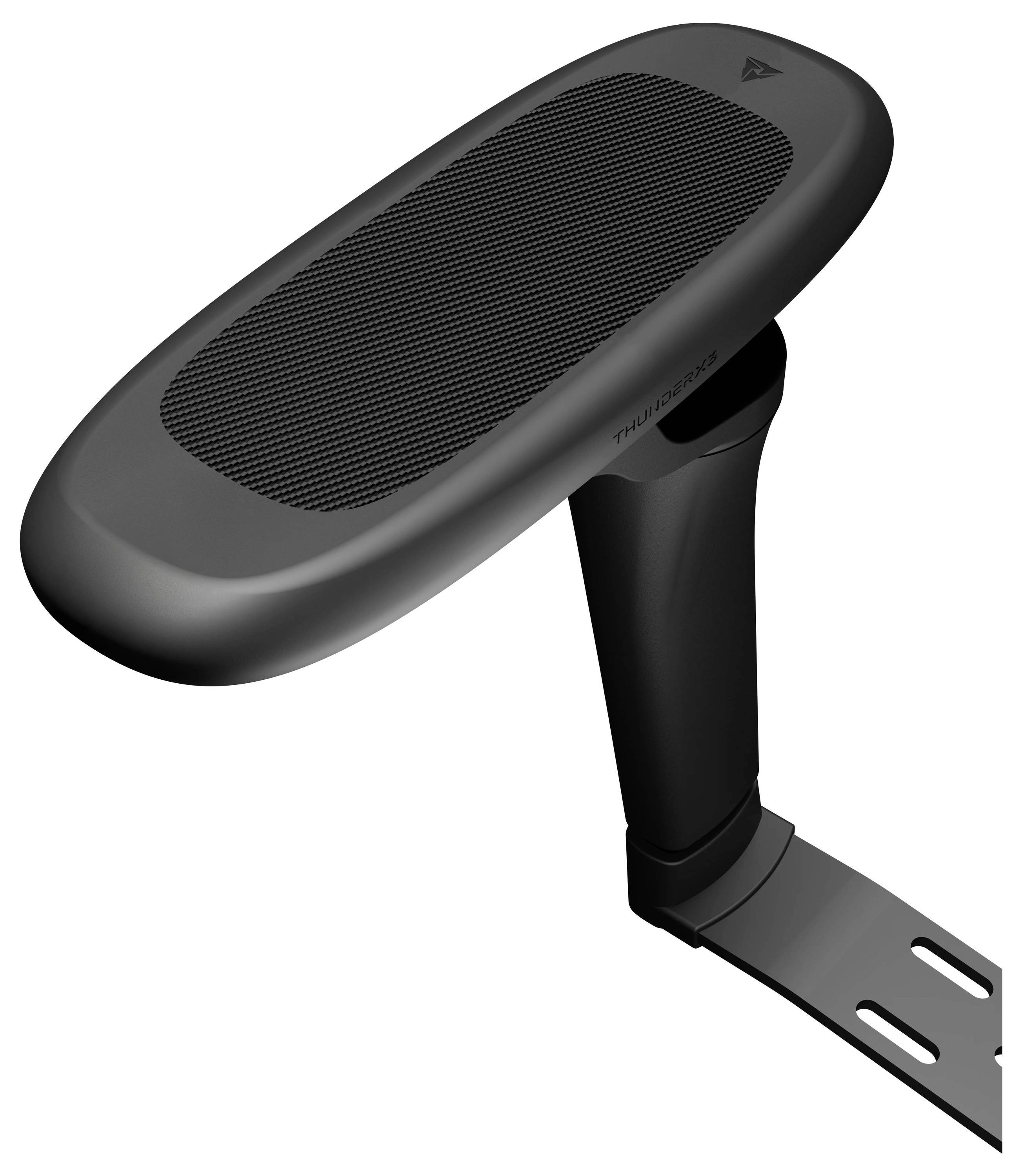 Schwarze ergonomische Kopfstütze oder Polsterung auf einer verstellbaren Metallhalterung vor weißem Hintergrund.