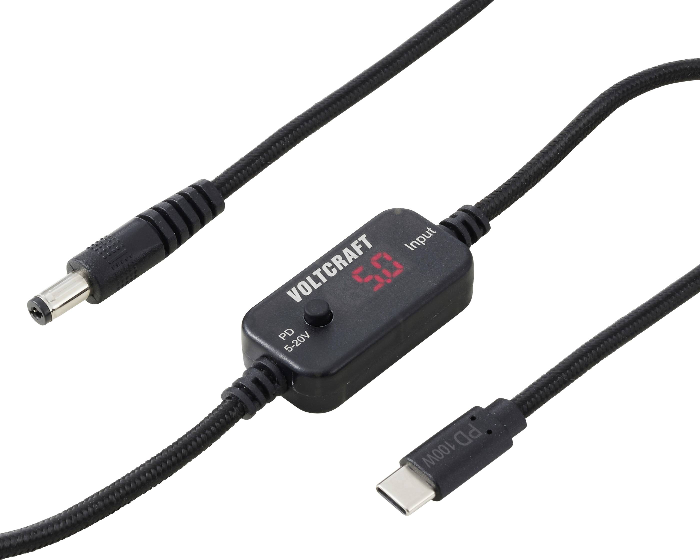 Inline Voltcraft USB Strommessgerät auf geflochtenem Kabel mit rotem digitalen Display, das 5.0 anzeigt und ein Eingabeetikett hat, zwischen USB-C-Steckverbindern.