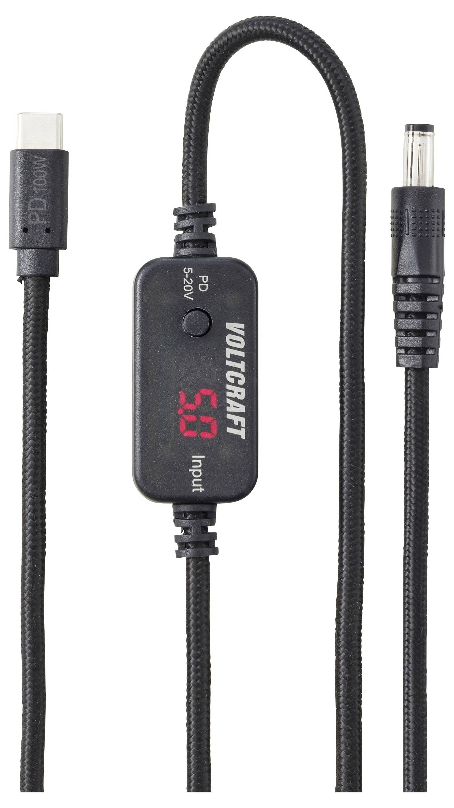 USB-C auf DC-Stromkabel mit integrierter Spannungsanzeige zeigt 5.0, Marke VOLTCRAFT, mit USB-C-Stecker und Hohlstecker-Enden