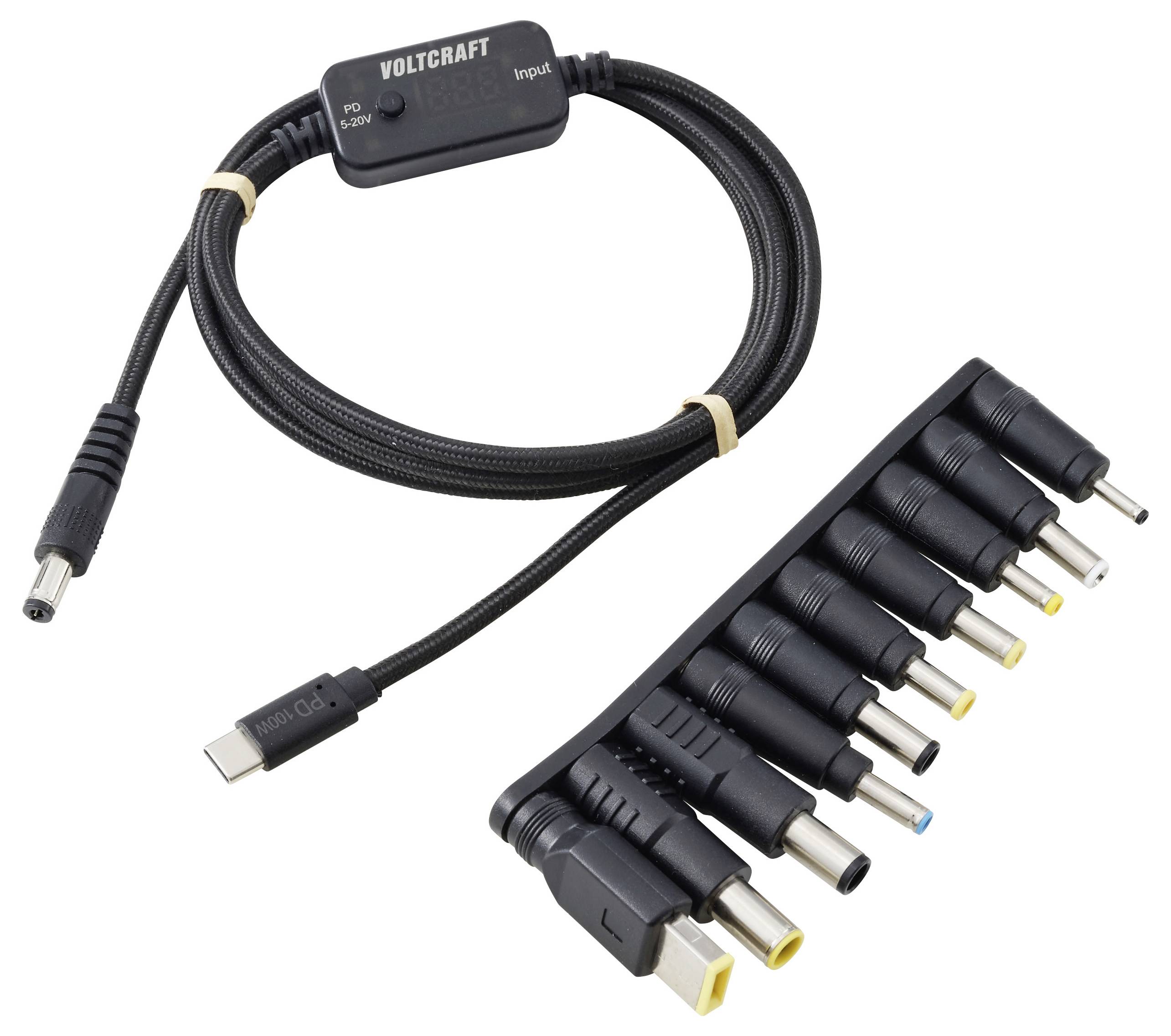 USB-C-zu-Laptop-Ladekabel mit einem 9-Stecker-Adapter-Set, dargestellt mit mehreren austauschbaren Stromspitzen und einer Spannungsbezeichnung auf dem Inline-Modul.