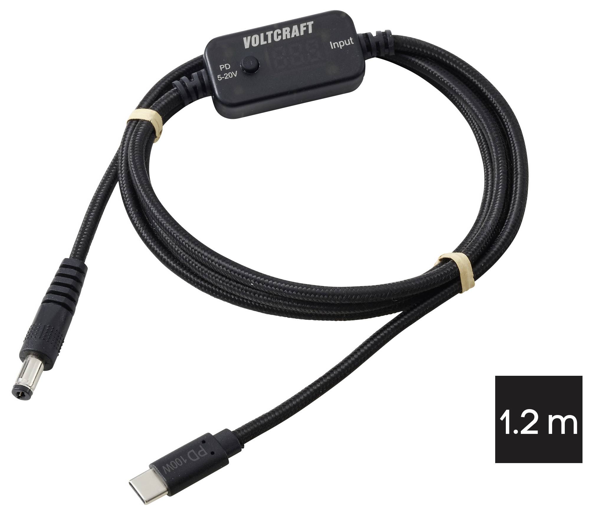1,2 m VOLTCRAFT USB-C-Ladekabel mit integriertem PD-Modul 5-20V und Hohlstecker auf weißem Hintergrund.