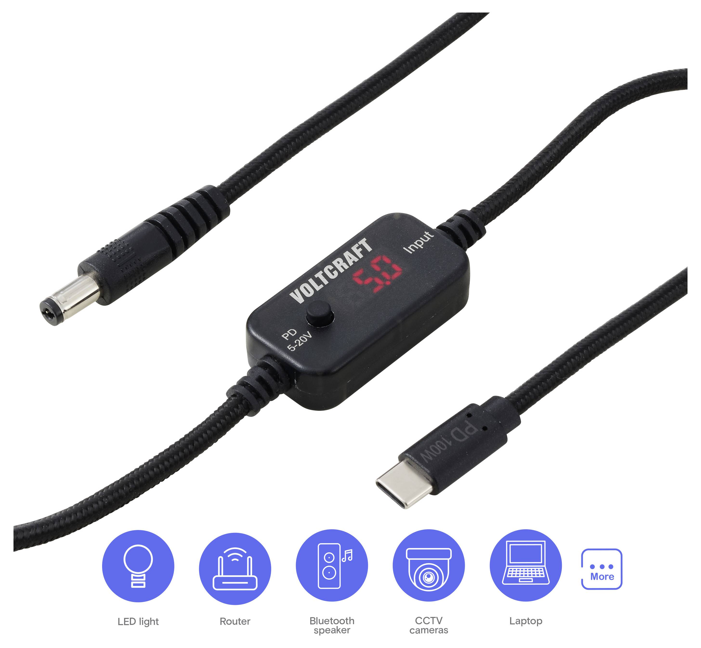 Schwarzes VOLTCRAFT USB-Strommessgerät/Kabel mit rotem digitalen Display, gezeigt mit USB-C-Stecker und Kompatibilitätssymbolen für LED-Leuchte, Router, Bluetooth-Lautsprecher, CCTV-Kamera und Laptop.