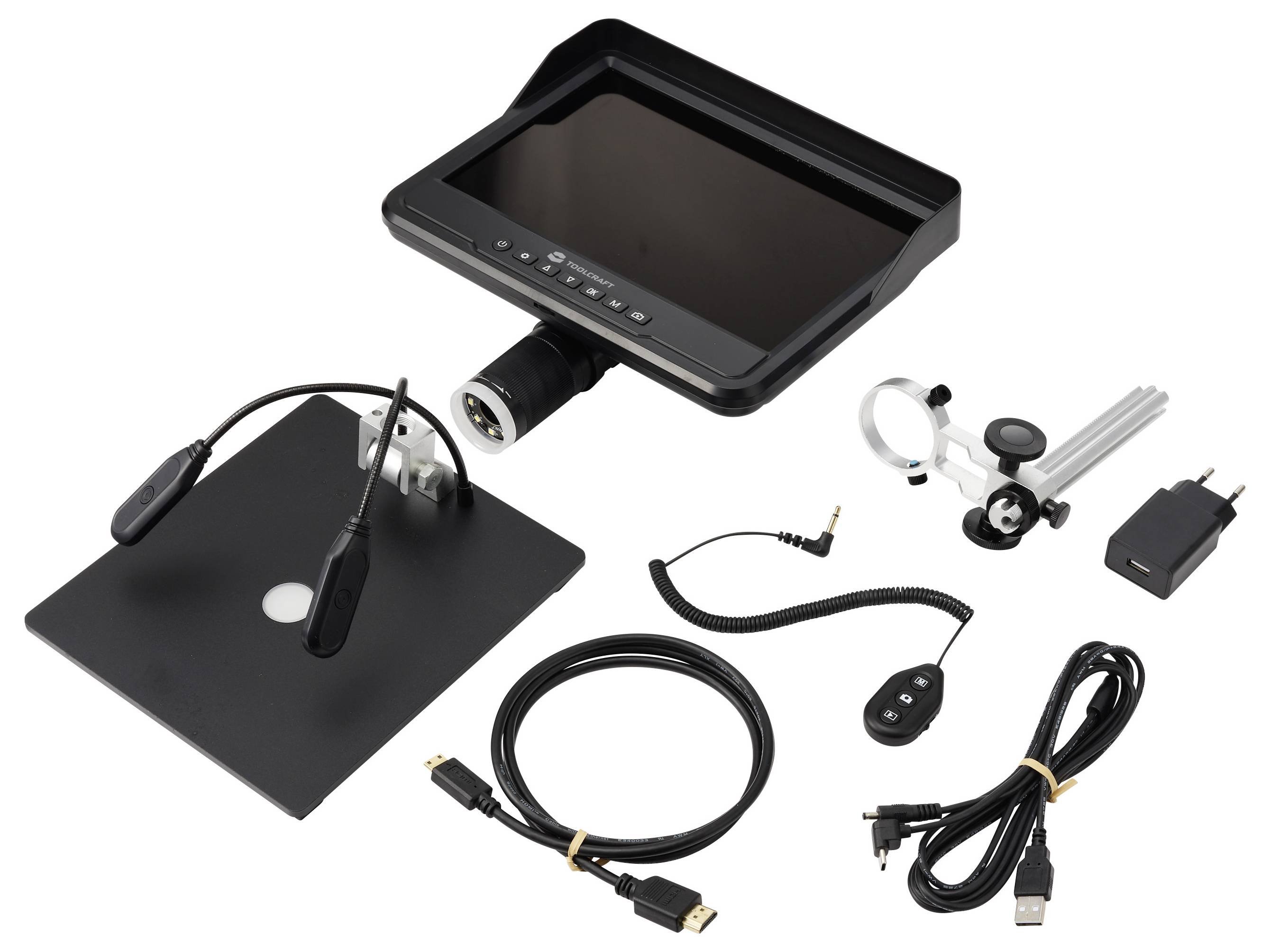 Ein digitales Inspektionsmikroskop-Set mit Monitor, verstellbarem Ständer, Kamera, Kabeln, Fernbedienung und Netzteil.