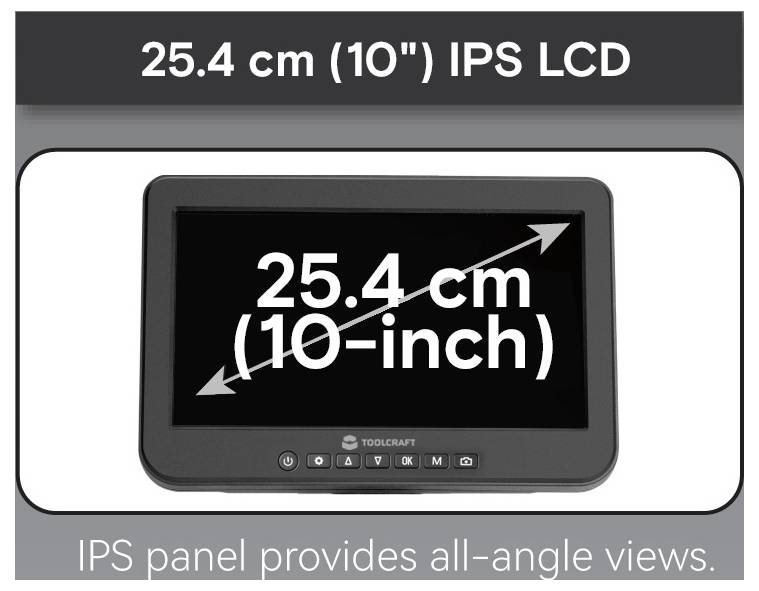 Produktbild eines 25,4 cm (10 Zoll) großen IPS-LCD-Monitors, das die Betrachtung aus allen Winkeln auf dem Bildschirm zeigt.