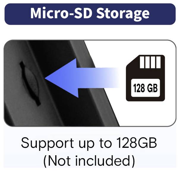 Micro-SD-Speicherunterstützung bis 128GB; Speicherkarte nicht im Lieferumfang enthalten.