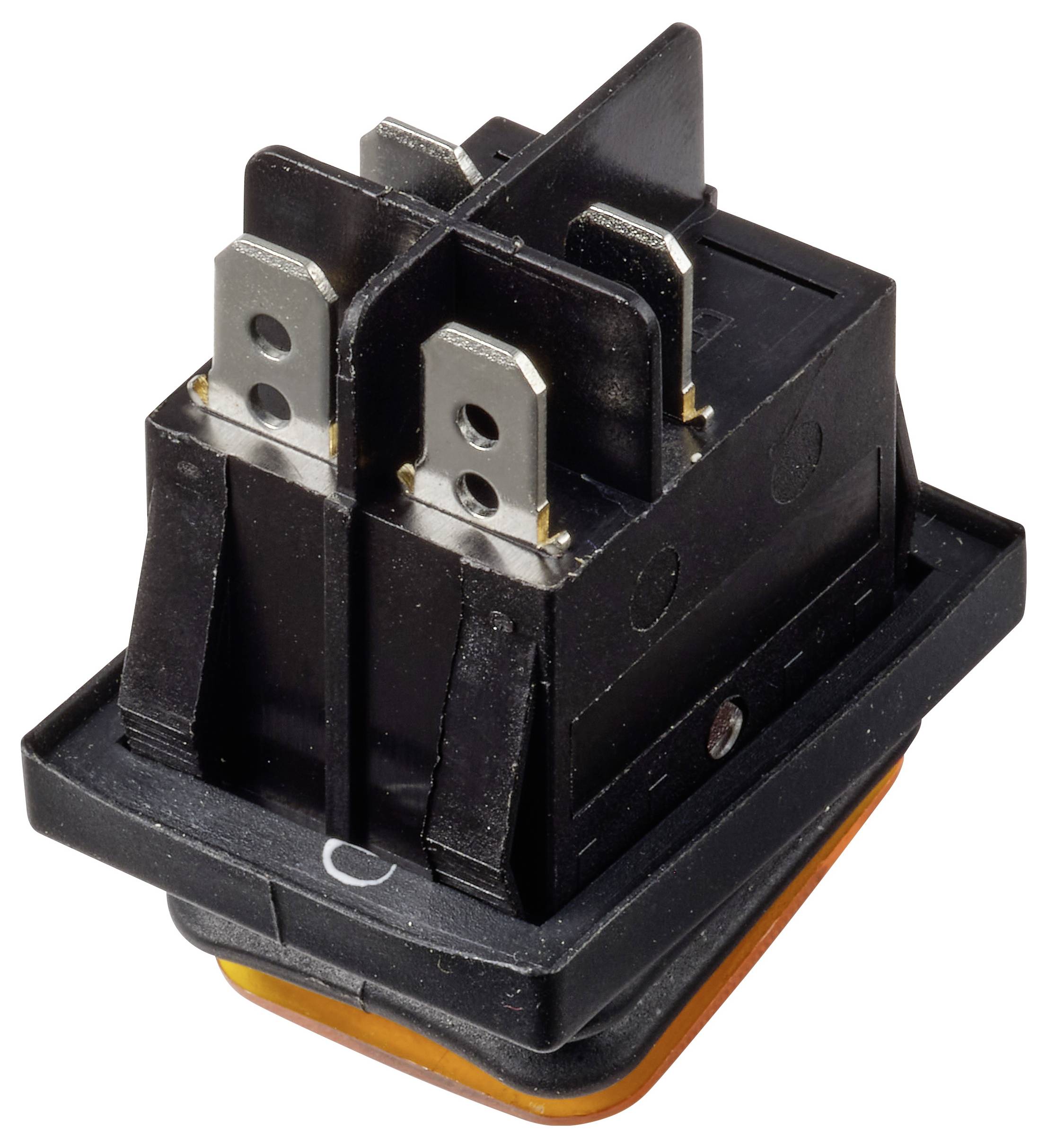 Nahaufnahme eines schwarzen elektrischen Wipenschalters mit vier Metallklemmen und einer orangefarbenen Basis, auf weißem Hintergrund dargestellt.