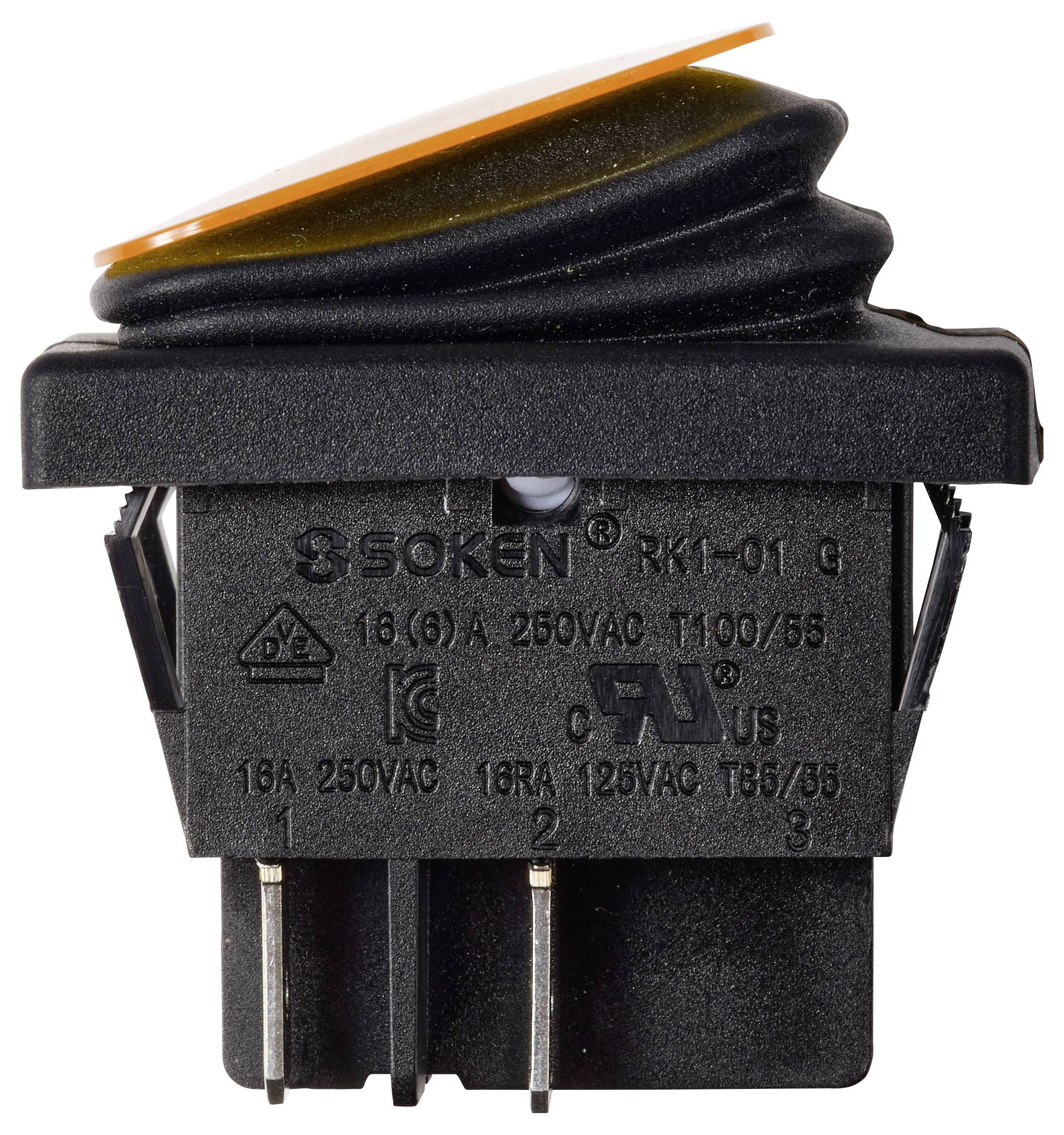 Nahaufnahme eines schwarzen Wipenschalters mit orangefarbenem Betätigungselement, gekennzeichnet mit SOKEN RK1-01, zeigt drei elektrische Anschlüsse und Spannungsangaben.