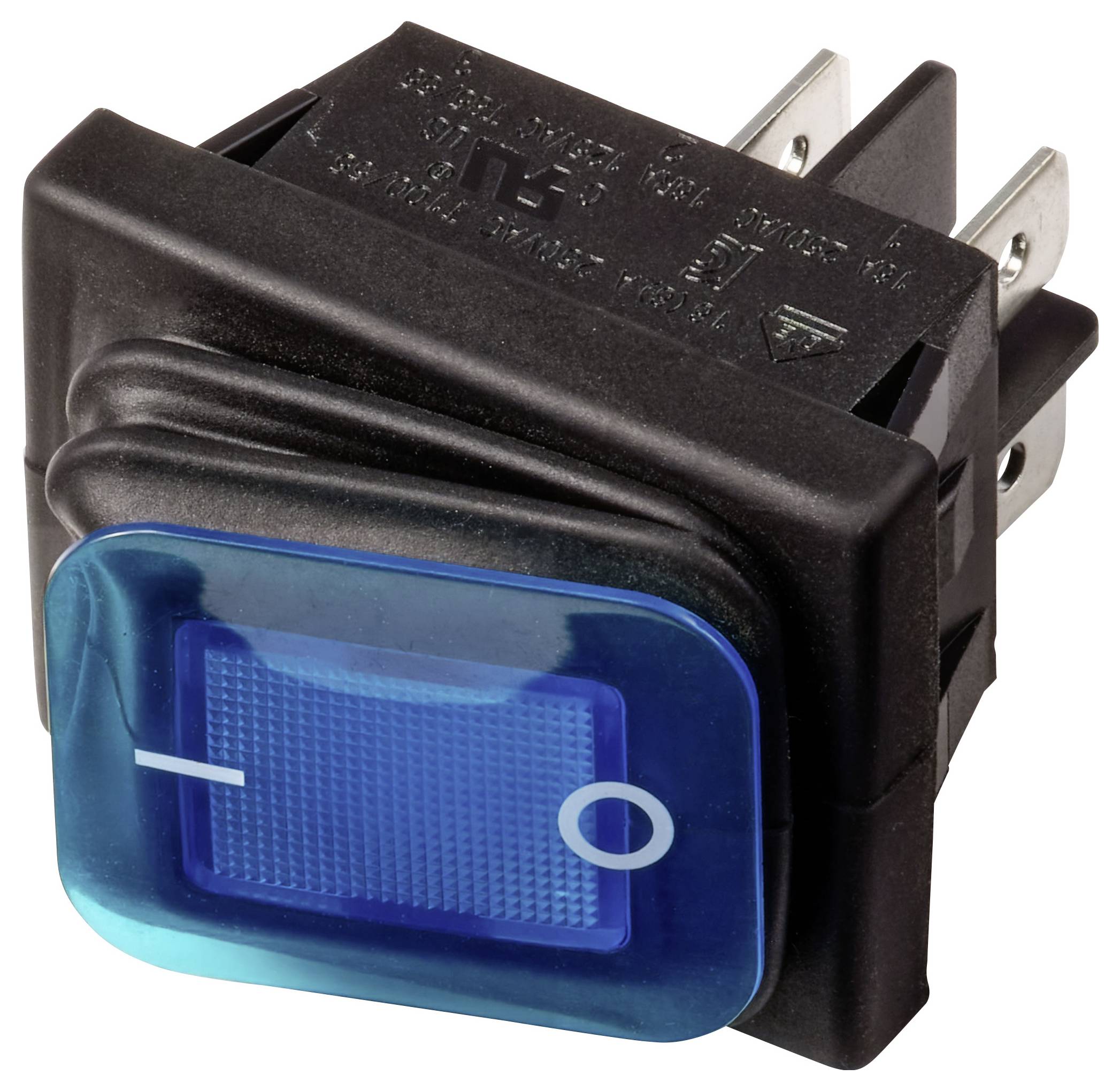 Schwarzer Wippenschalter mit blauem durchscheinendem 