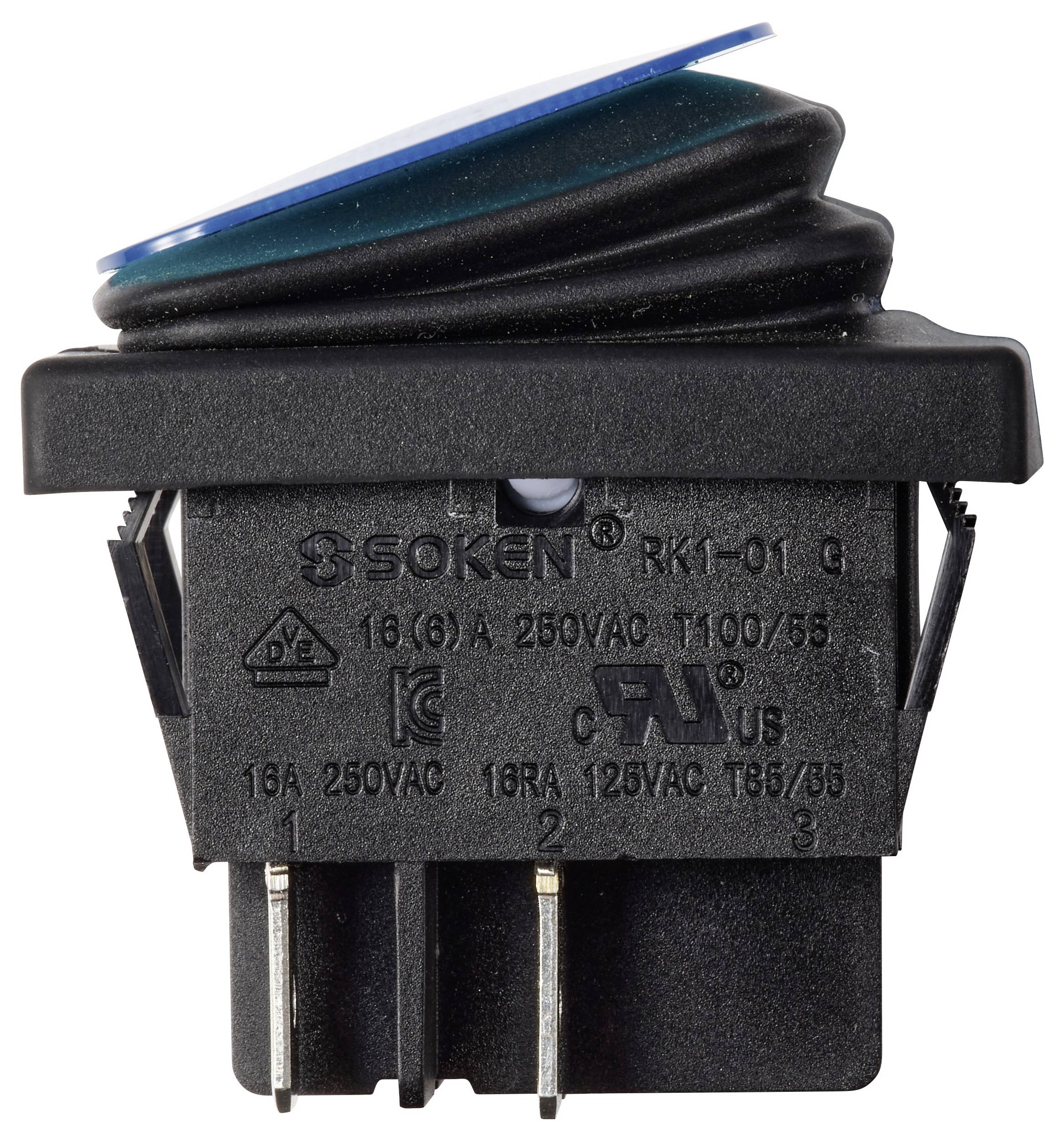 Schwarzer SOKEN RK1-01C Wippschalter mit blauer Linse, drei Metallanschlüsse und sichtbare elektrische Nennwertmarkierungen.
