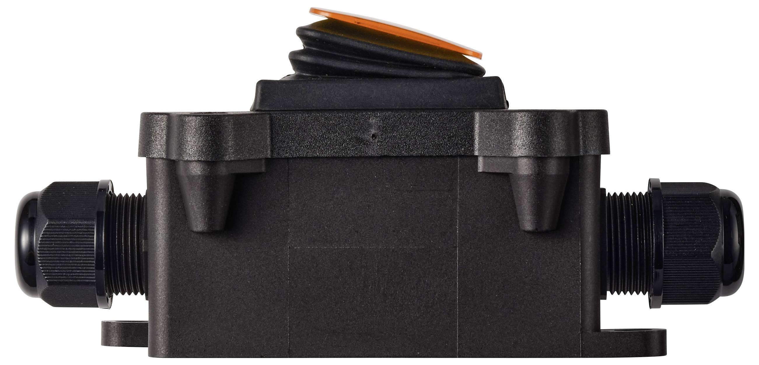 Schwarze Kunststoff-Elektrokabelverbindungsdose mit Gewinde-Kabelverschraubungen auf beiden Seiten und einer runden orange-schwarzen Kappe oben.