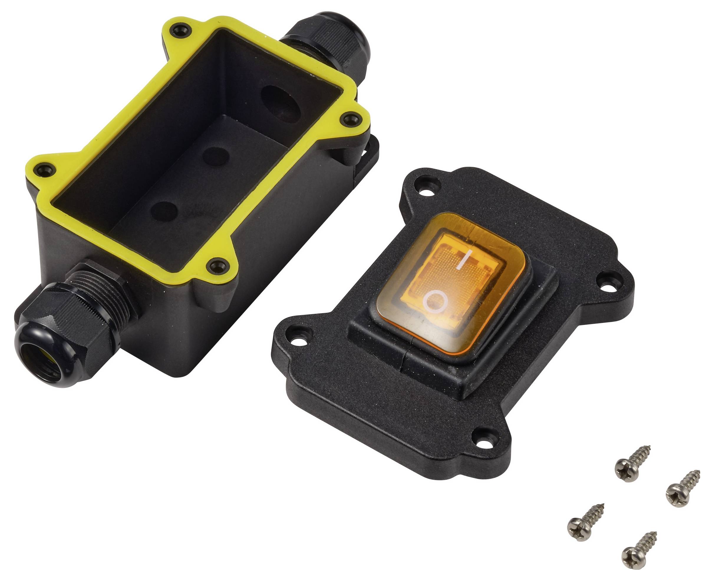 Schwarze wasserdichte elektrische Projektbox mit gelbem Dichtungsring, passendem Schraubverschluss-Schalterabdeckung und vier Befestigungsschrauben auf weißem Hintergrund.