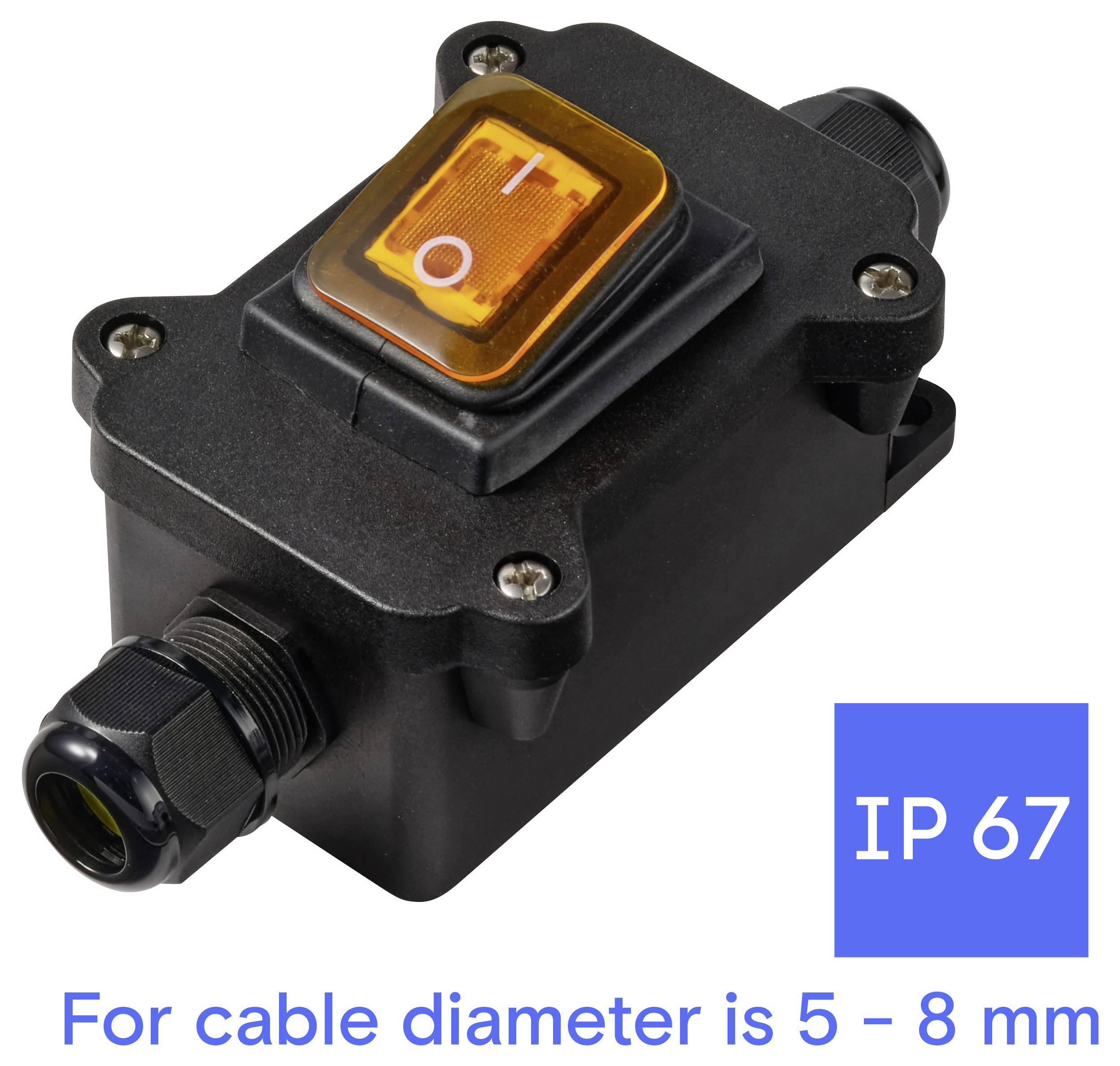 Schwarzer wasserdichter Inline-Kabelschalter mit orangefarbenem I/O-Wippschalter, gekennzeichnet mit IP67 und für Kabelduchmesser von 5–8 mm.