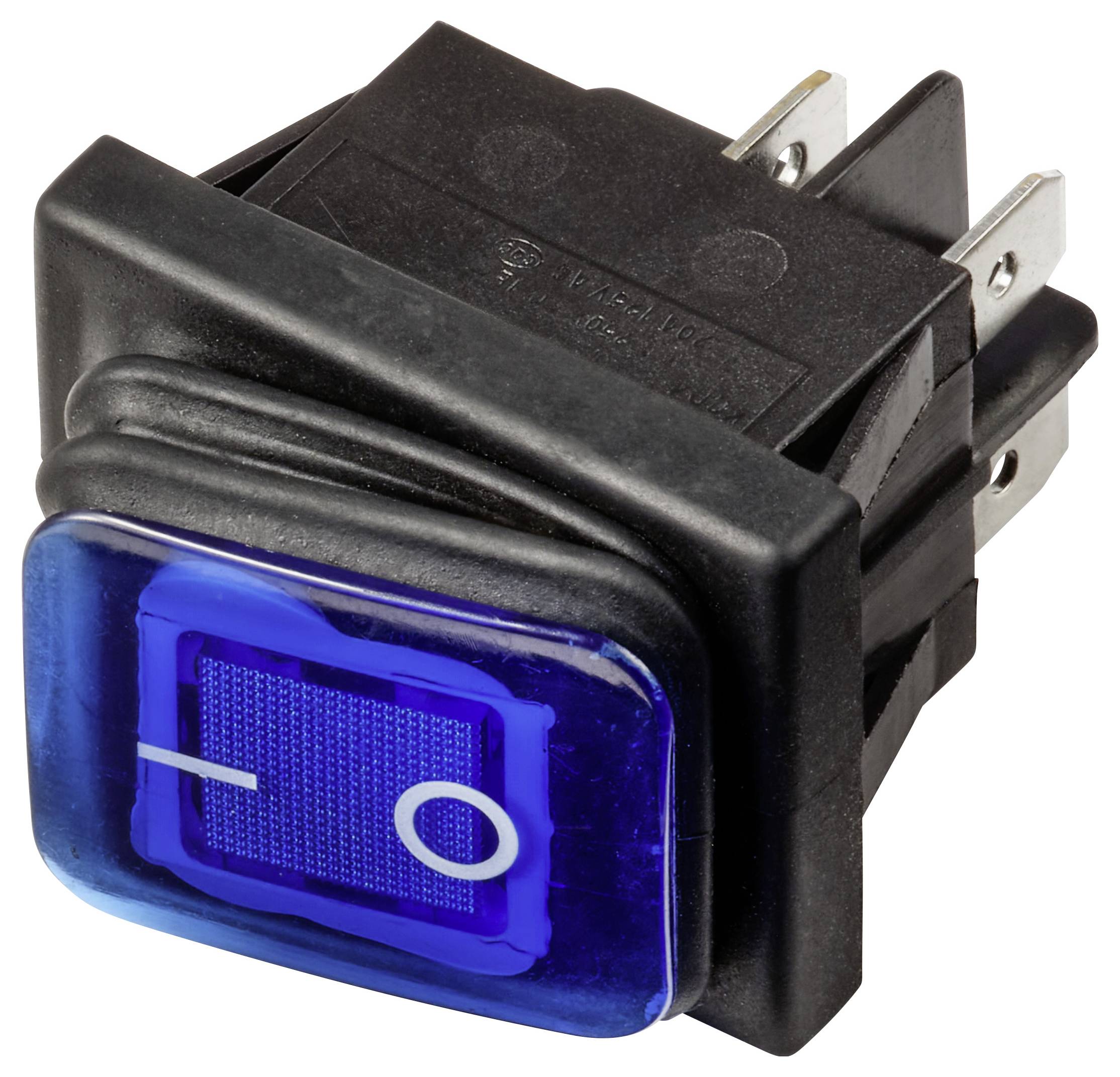 Blauer leuchtender Wippschalter mit AN/AUS-Symbolen und Metallkontakten, vor weißem Hintergrund dargestellt.