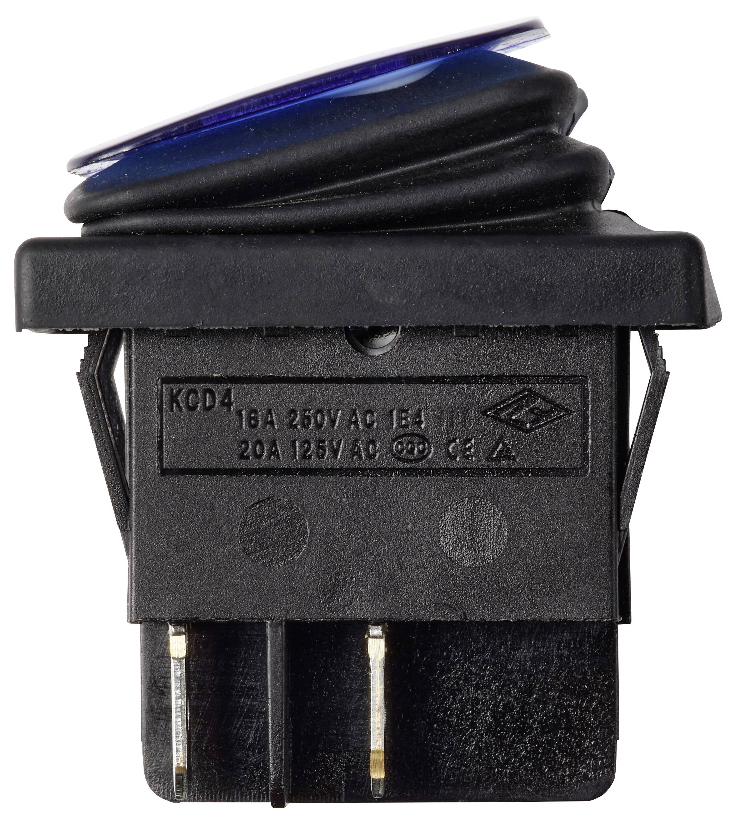 Nahaufnahme eines schwarzen Wippschalters mit blauer Oberseite auf weißem Hintergrund, gekennzeichnet mit KCD4 und elektrischen Nennwerten auf der Vorderseite.