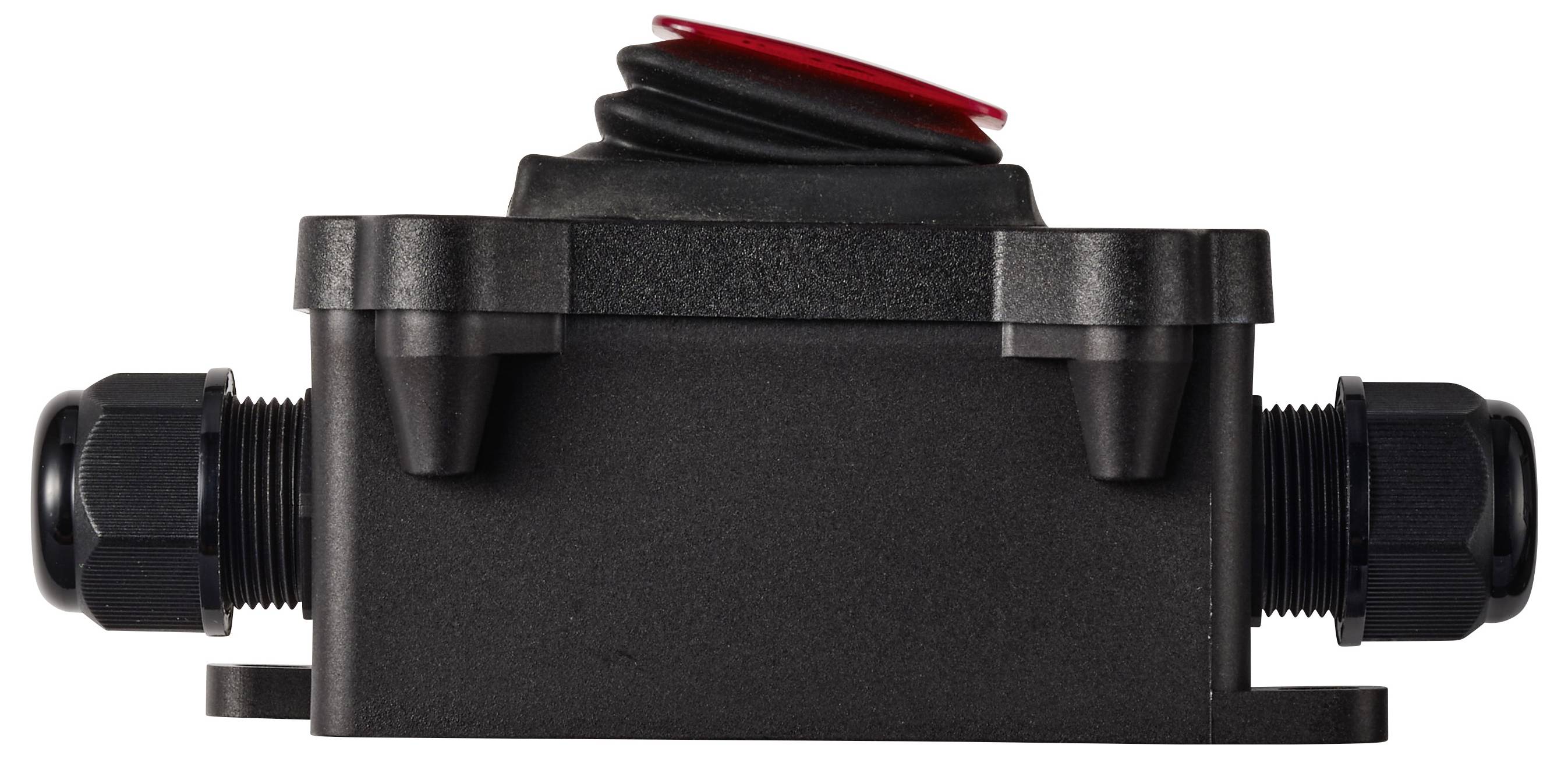 Schwarze Kunststoff-Elektrokabelverbindungsdose mit rot und schwarz verschlossener Oberseite und Gewinde-Kabelverbindern auf beiden Seiten.