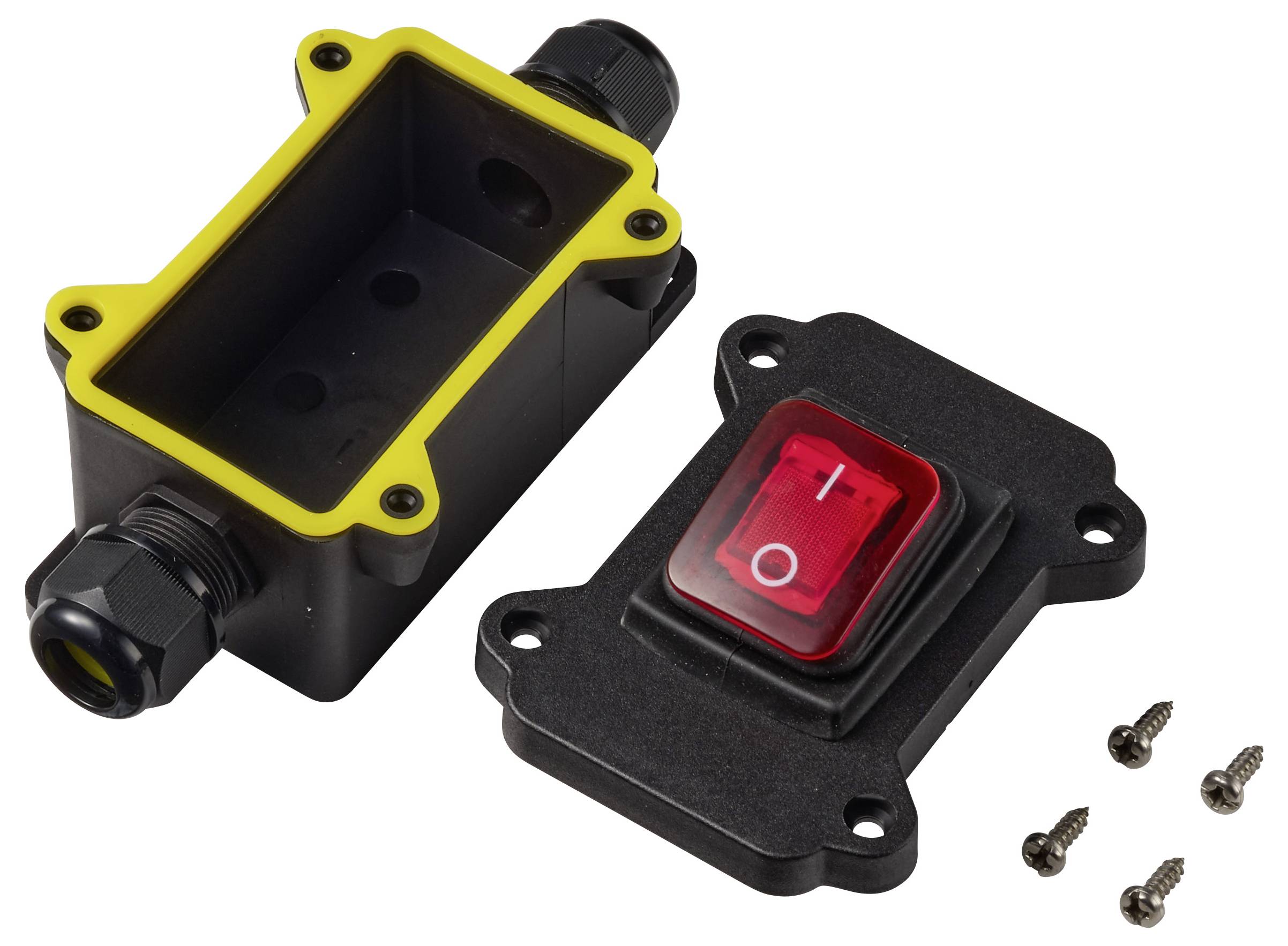 Schwarze wasserdichte elektrische Verteilerdose mit gelbem Dichtungsring und Gewindeverbindungen für Kabeleinführungen, offen neben einer roten Wippschalter-Abdeckung und Befestigungsschrauben dargestellt.