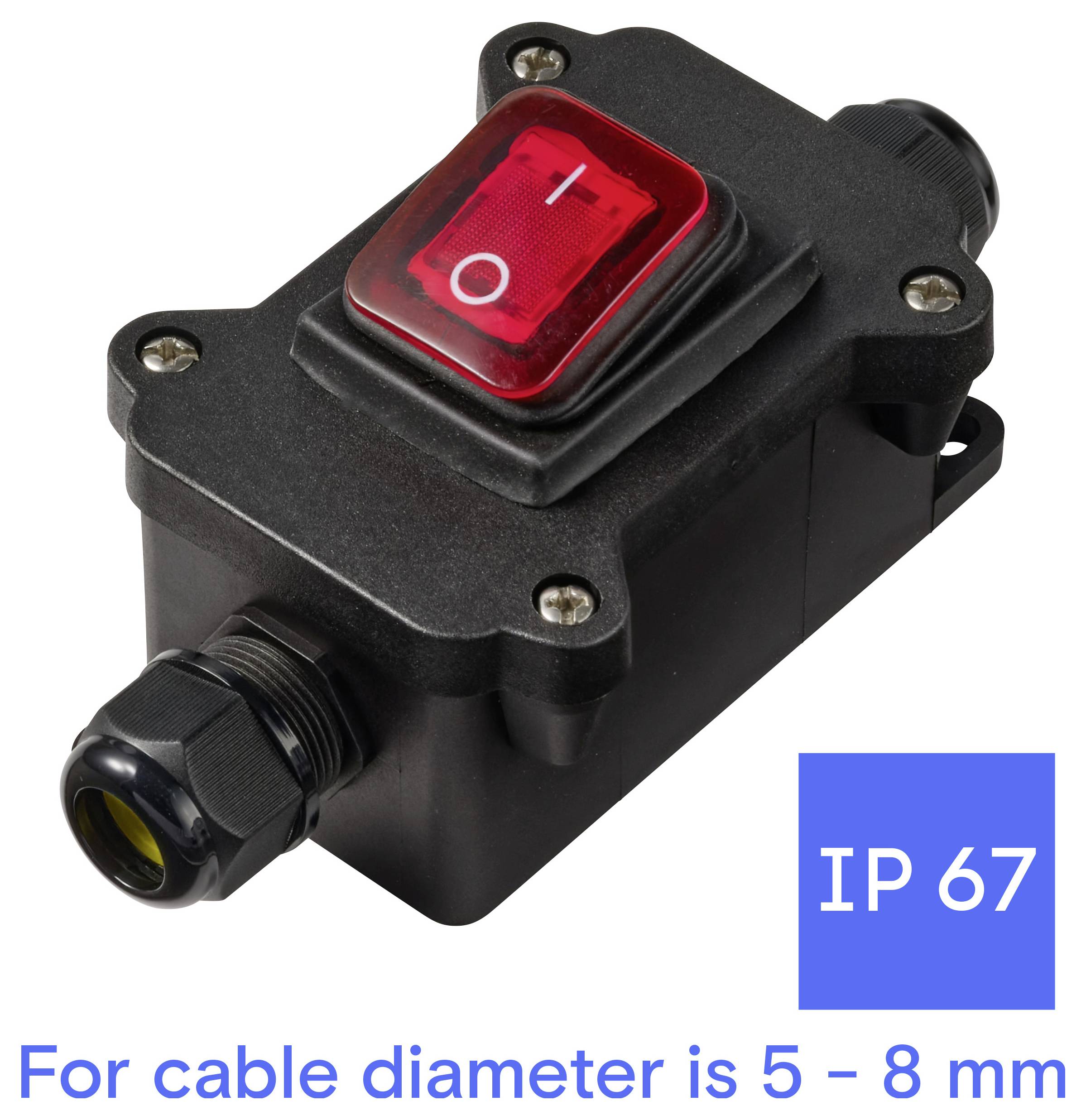 Wasserdichte schwarze Kabelschalterbox mit rotem Ein-/Aus-Wippschalter, gekennzeichnet mit IP67 und für Kabeldurchmesser von 5–8 mm.