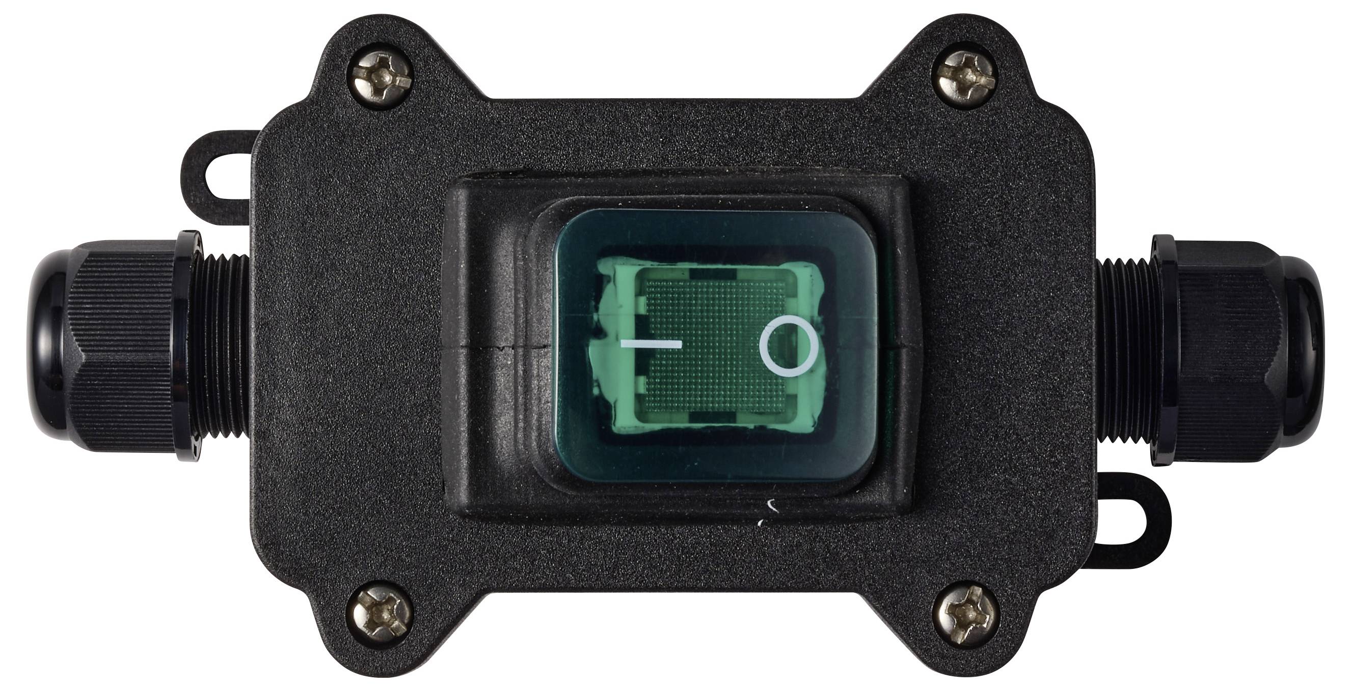 Schwarzer Inline-Elektroschalter oder -Stecker mit durchscheinendem grünem Wippschalter mit der Markierung „I