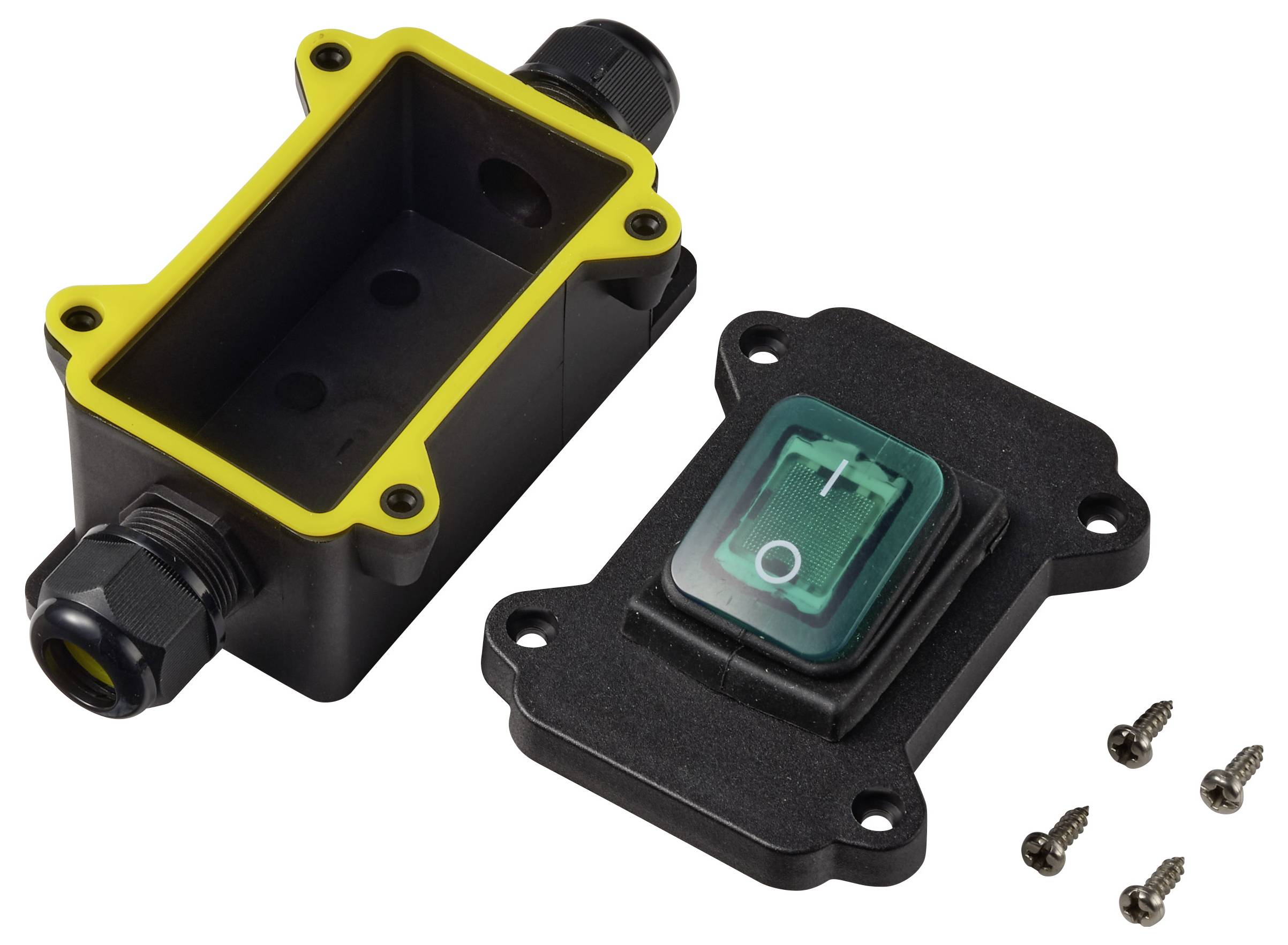 Schwarze wasserdichte elektrische Verteilerdose mit gelbem Dichtungsring und abnehmbarem Schalterdeckel, dargestellt mit vier Schrauben und Kabelverschraubungen auf weißem Hintergrund.