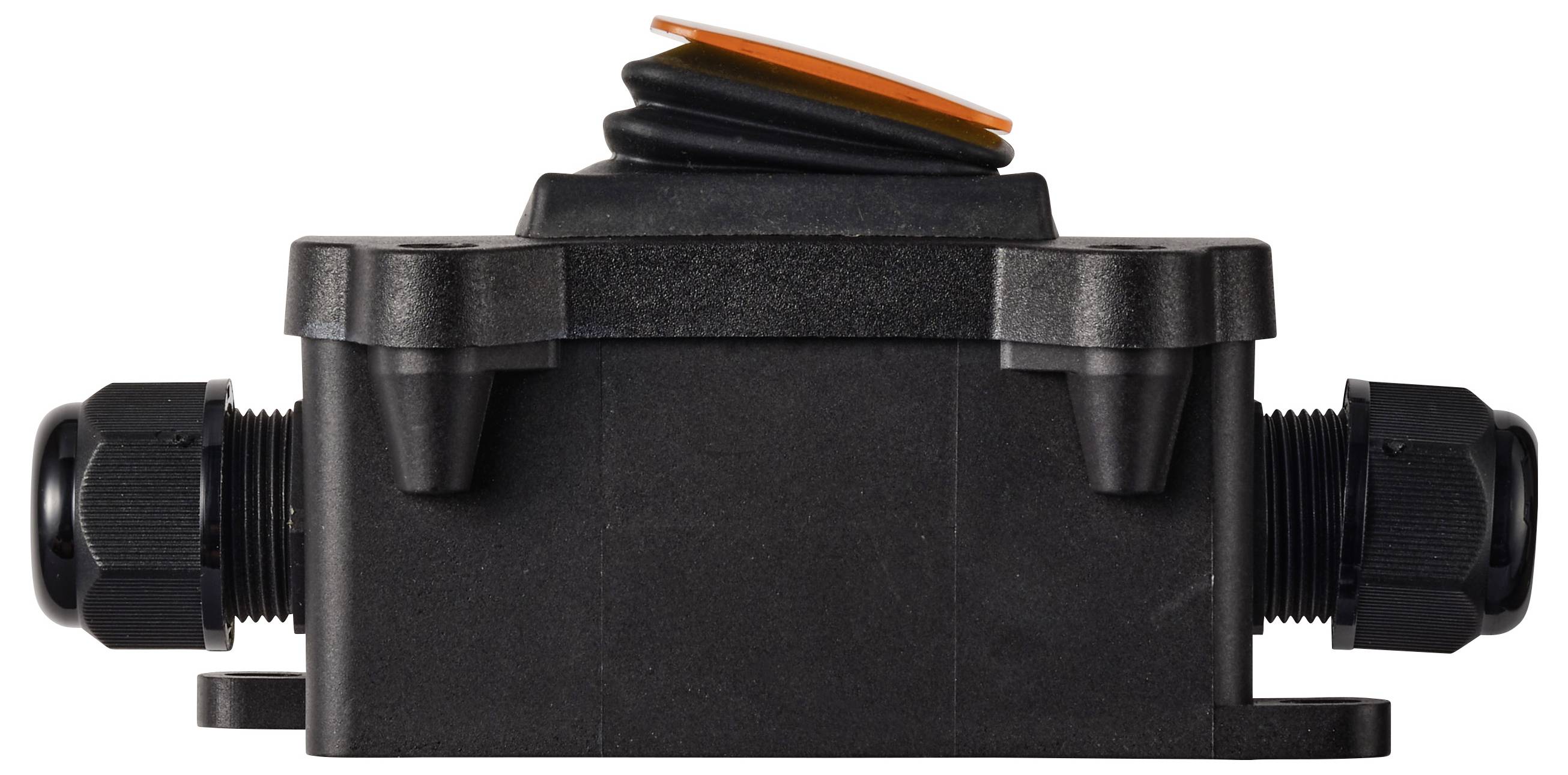Schwarze elektrische Verteilerdose mit seitlichen Kabelverschraubungen und einer angelierten orangefarbenen Kappe oben, dargestellt vor weißem Hintergrund.