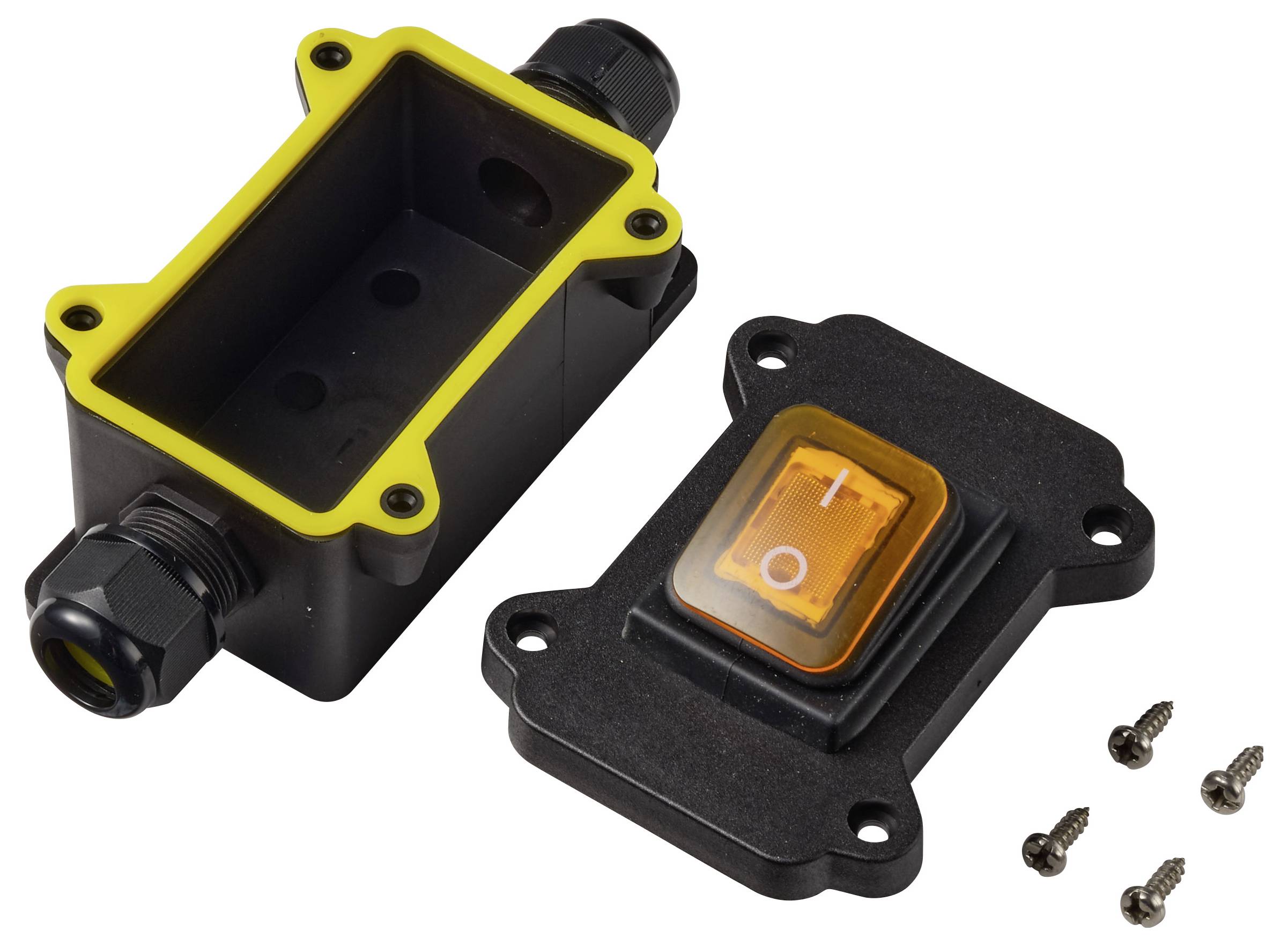 Schwarze wasserdichte Elektro-Anschlussbox mit gelbem Dichtungsring, passendem Deckel mit orangefarbenem Ein-/Ausschalter und vier Schrauben