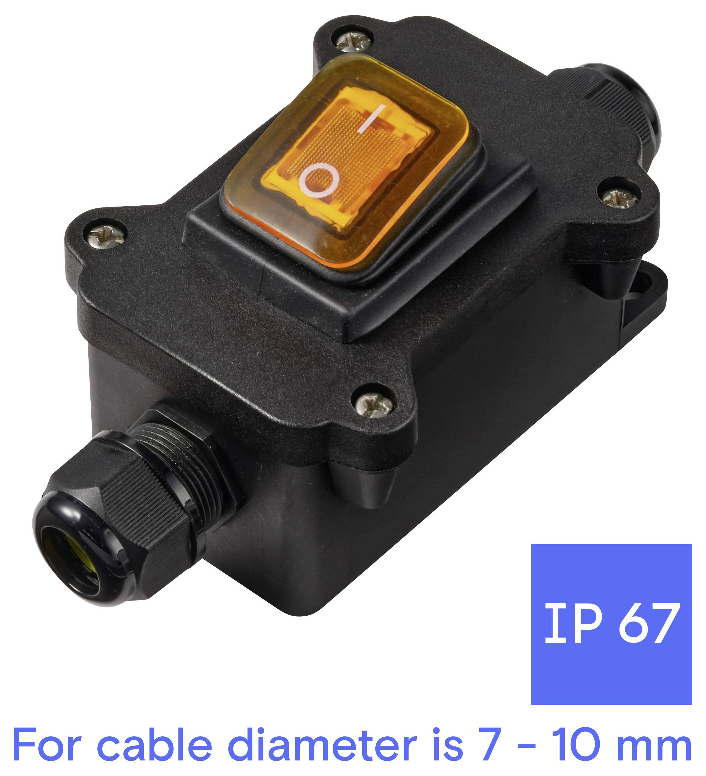 Schwarze wasserdichte Schalterbox mit orangefarbenem Ein-/Ausschalter, gekennzeichnet mit IP67 und geeignet für Kabelduchmesser von 7–10 mm.