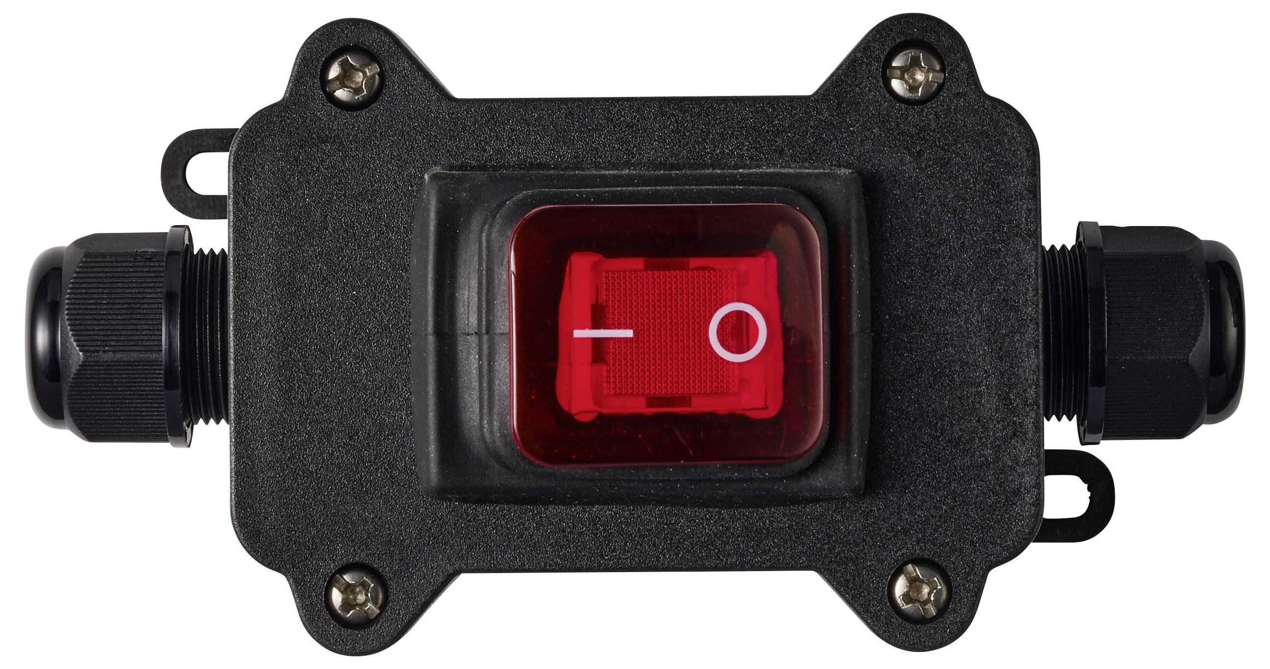 Schwarzer eingebauter elektrischer Schalter mit rot leuchtendem Wippschalter, montiert in einem rechteckigen wasserdichten Gehäuse mit Kabelverschraubungen auf beiden Seiten.