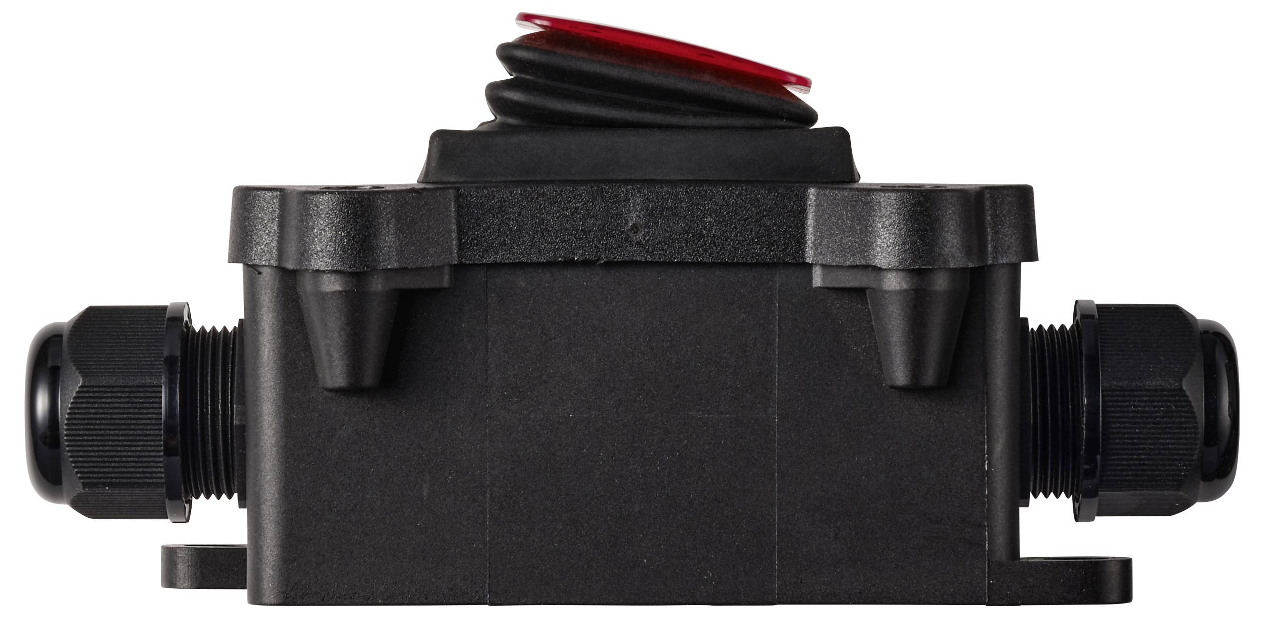 Schwarze Inline-Elektroklemmenbox mit Kabeleinführungen auf beiden Seiten und roter Kappe oben, auf weißem Hintergrund abgebildet.