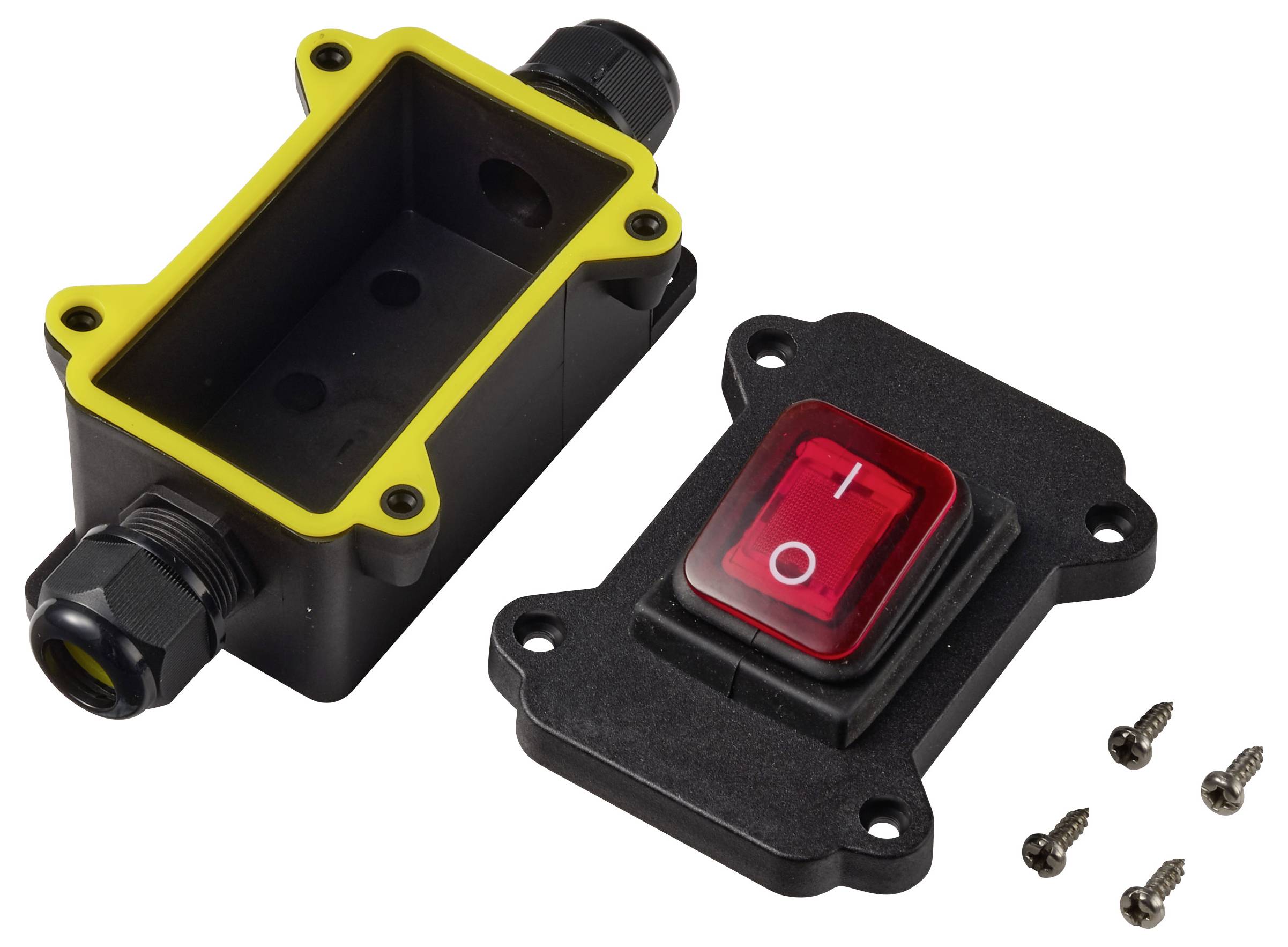 Offene schwarze elektrische Verteilerdose mit gelbem Dichtring und passendem rot beleuchtetem Wippschalter-Abdeckung, gezeigt mit Befestigungsschrauben.