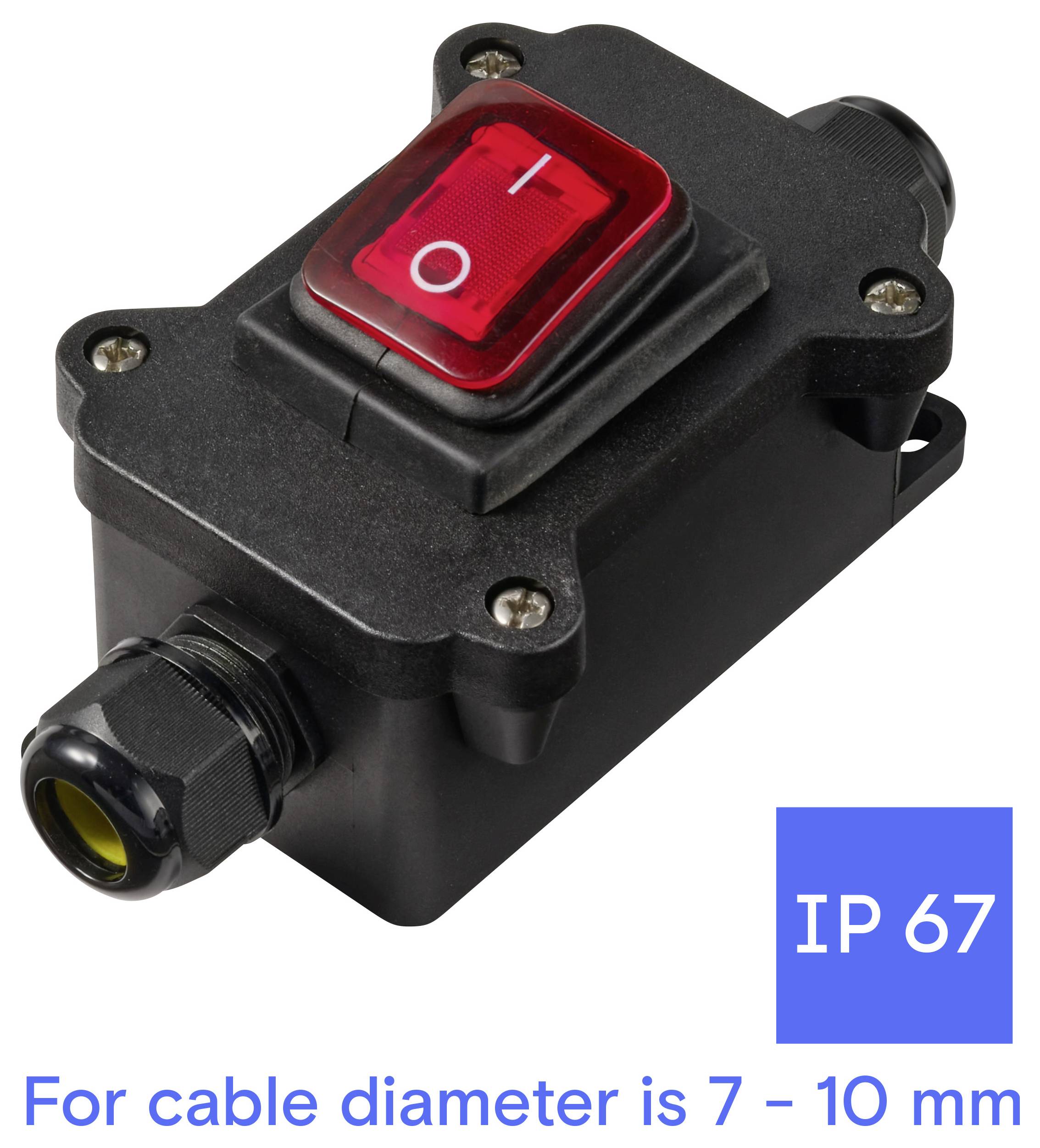 Schwarzer wasserdichter Inline-Kabelschalter mit roter Ein-/Aus-Wippschalter, gekennzeichnet mit IP67, für Kabeldurchmesser von 7–10 mm.