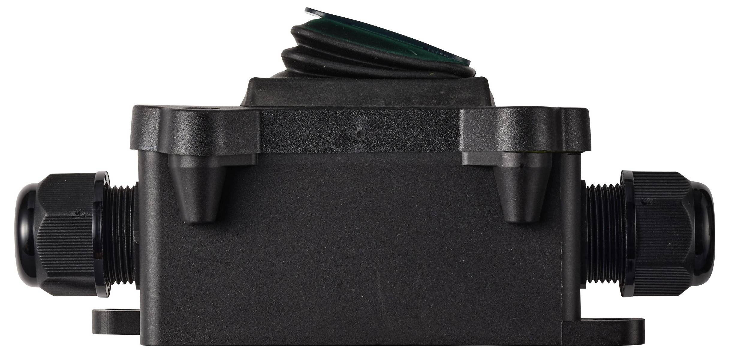 Schwarze rechteckige elektrische Verteilerdose mit Kabelverschraubungen auf beiden Seiten und einer gerillten Oberflächenabdeckung vor weißem Hintergrund.