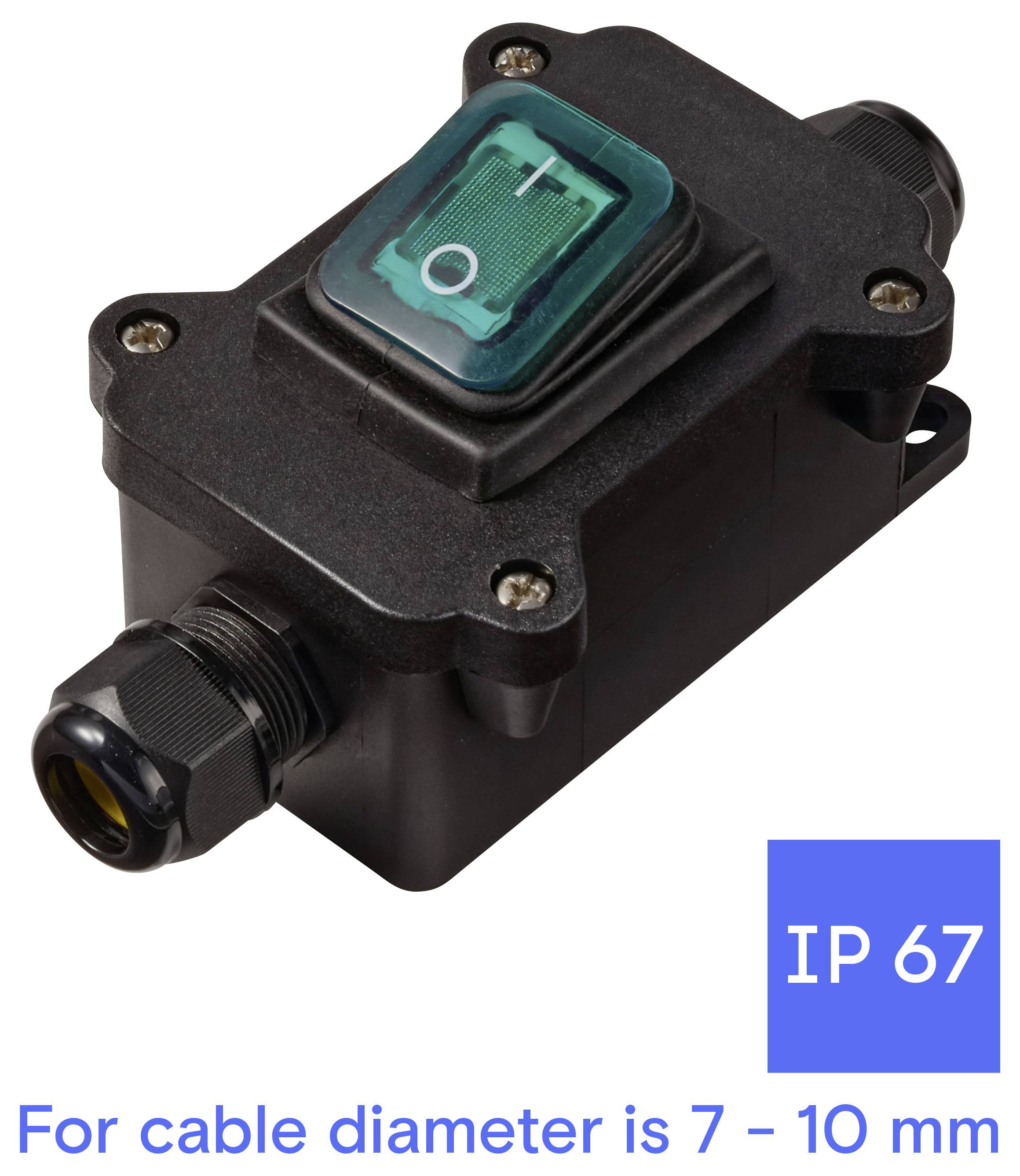 Schwarze wasserdichte Schalterbox mit beleuchteter Ein-/Aus-Wippschalter, gekennzeichnet mit IP67 und für 7–10 mm Kabeldurchmesser.