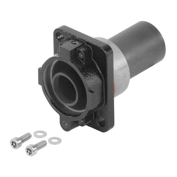 Schwarzer zylindrischer elektrischer Stecker mit quadratischem Montageflansch, abgebildet mit zwei Schrauben und Unterlegscheiben auf weißem Hintergrund.