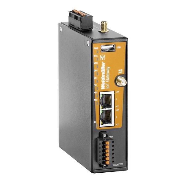 Schwarzes industrielles Weidmüller IoT-Gateway-Gerät mit USB, Antennenanschluss, Ethernet-Anschlüssen und Klemmblock