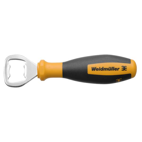 Weidmüller-Flaschenöffner mit schwarz-orangem Griff auf weißem Hintergrund.
