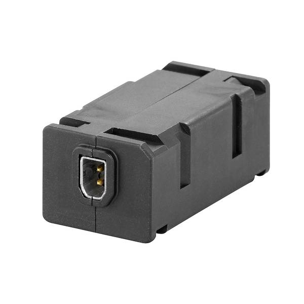 Schwarzes rechteckiges Elektroverbinder-Modul mit einem einzigen vorderen Anschluss, dargestellt auf weißem Hintergrund.