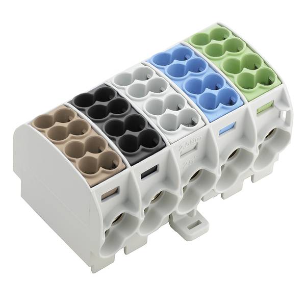 Mehrfach-Elektroklemmenblock mit farbcodierten Drahteinführungsöffnungen: braune, schwarze, graue, blaue und grüne Bereiche auf einem weißen Gehäuse.