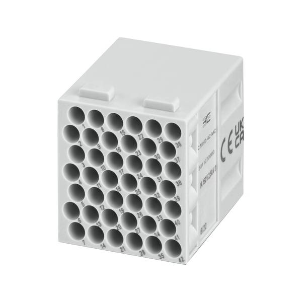 White rectangular electrical connector block with many numbered circular wire ports on the front and side labels showing CE and UKCA marks.