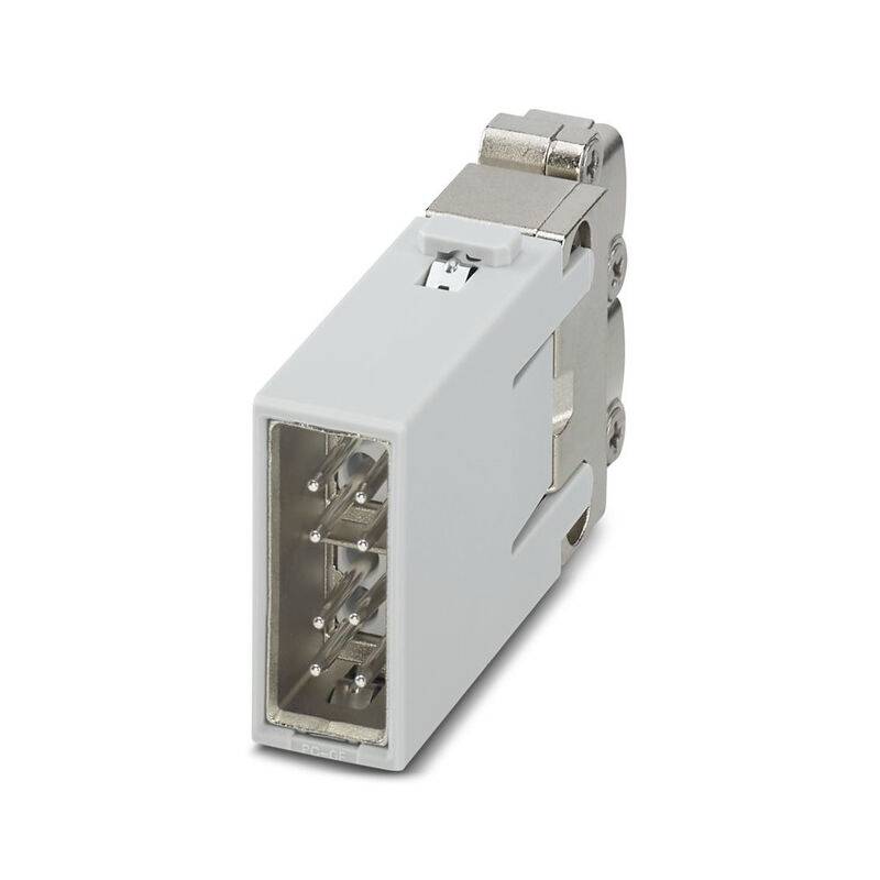 Weißes Industriesteckverbinder-Modul mit metallischer Montageklammer und freigelegten Stiftkontakten, dargestellt auf neutralem Hintergrund.