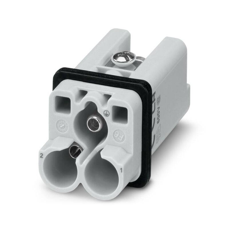 Nahaufnahme eines grauen Elektrosteckervorsatzes mit zwei kreisförmigen Anschlüssen, einem zentralen Metallkontakt und einer schwarzen Dichtungsdichtung auf weißem Hintergrund.