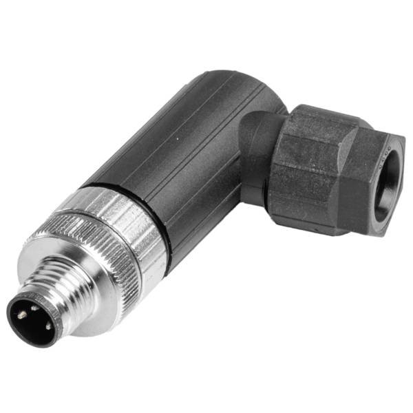 Rechtwinkliger schwarzer Steckerverbinder mit gewindelastigem Metall-Stecker und sechskantiger Buchse.