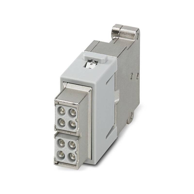 Nahaufnahme eines metallischen elektrischen Steckermoduls mit zwei gestapelten 4-poligen Anschlüssen auf weißem Hintergrund.
